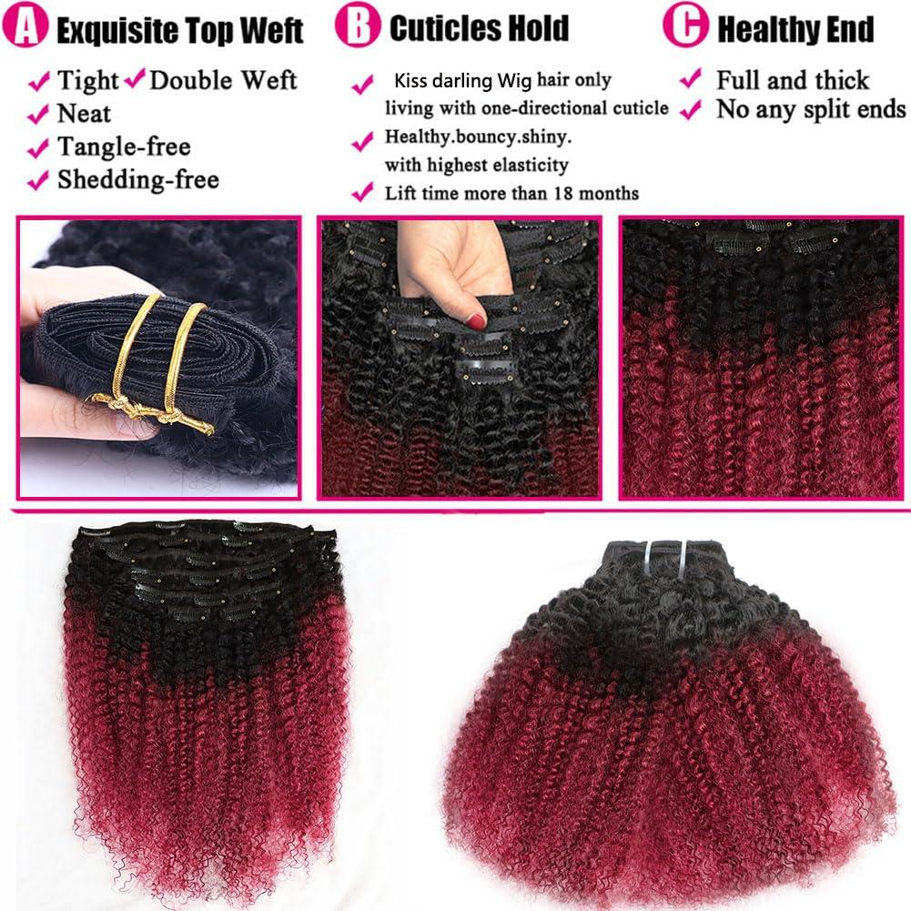 Kiss darling LASHES Afro Kinky Curly Clip in Hair Extensions Remy Brazilian Human Hair 4B4C for Women Two Tone T#1B/burg Kinky Curly Clip Ins Human Hair Extensions 26\"inch 120g