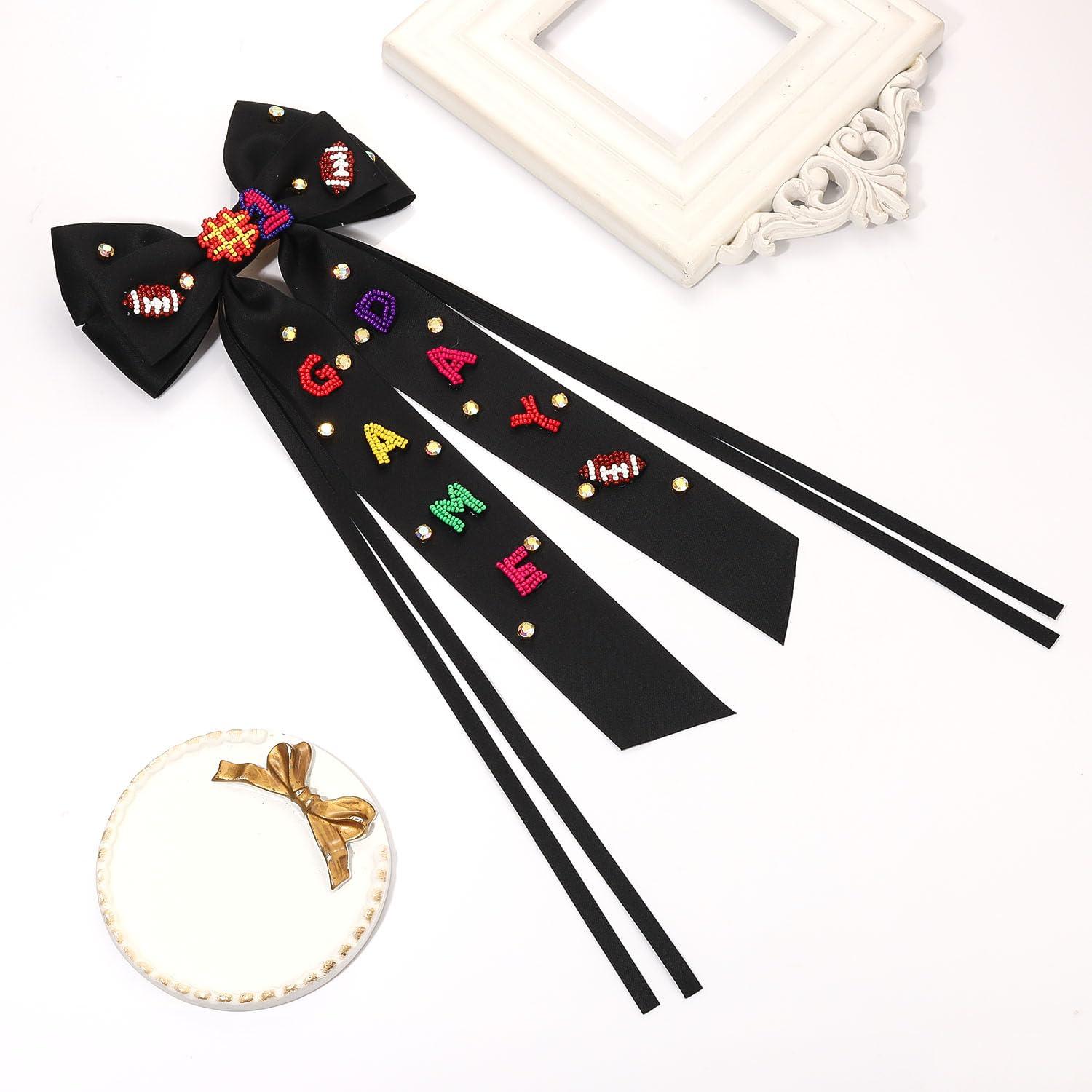 boderier Boderier Game Day Accessories Hair Bows for Women Football Hair Bow Clip Long Tail Satin Ribbon Bow Barrette Hair Clip Sports Fan Hair Accessories Beaded GAME DAY Black