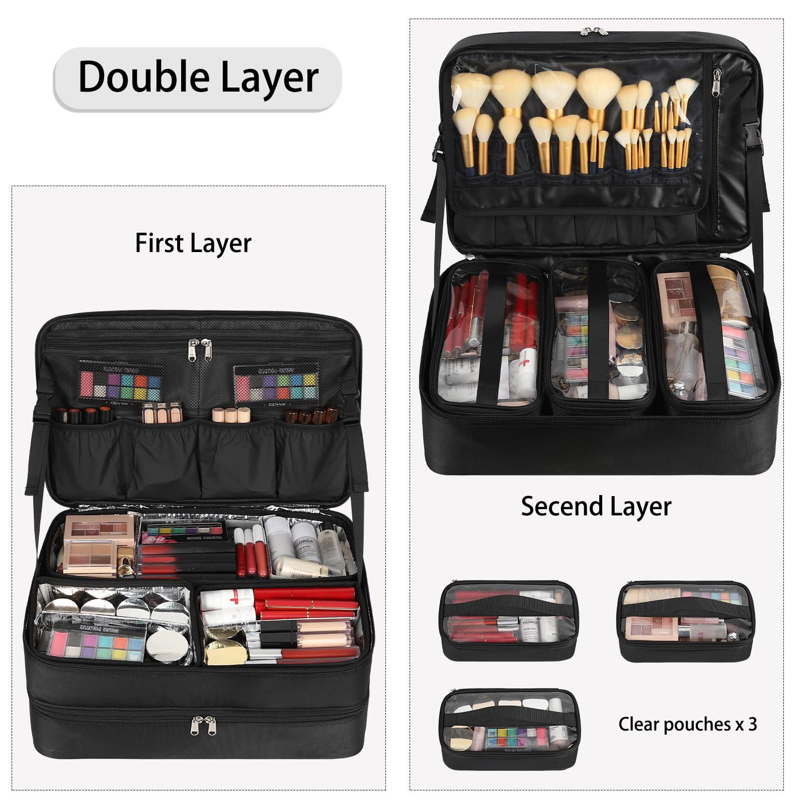 OCHEAL Extra Large Makeup Case, Professional Makeup Train Case for Makeup Artist Traveling Organizer, Double Layer XL Cosmetic Travel Case for Cosmetology with 3 Detachable compartments and 3 Makeup Bags