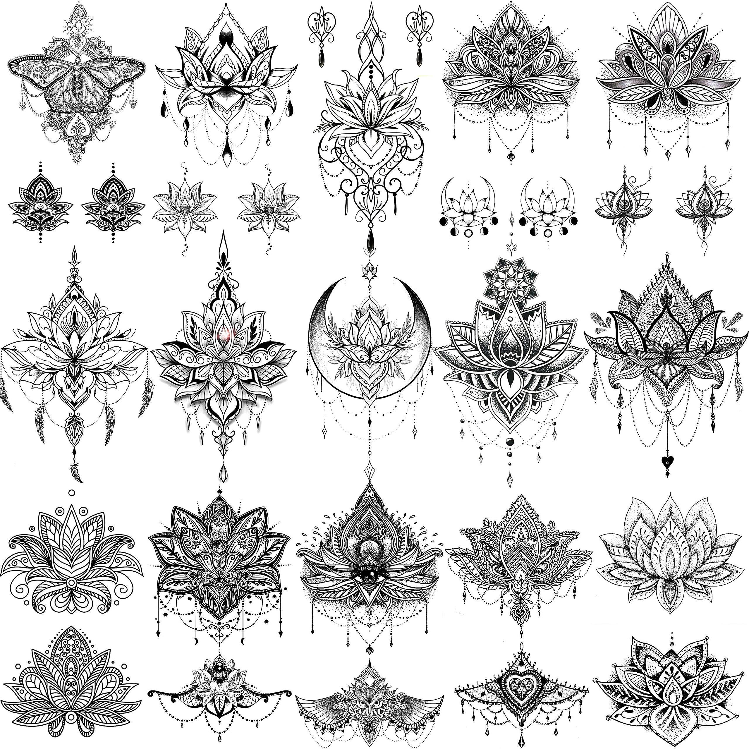 EGMBGM EGMBGM 15 Sheets Sexy Black Lotus Temporary Tattoos For Women Wedding Brides, Tribal Fake Jewelry Pendant Lace Moon Moth Flowers Temp Tattoos Temporary Sticker For Girls Arm Neck Hands Tatoos Jewels