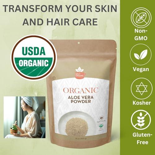 SPICY ORGANIC Organic Aloe Vera Powder for Skin & Hair 16 oz. - Aloe Barbadensis - Nourishing Face Mask for Natural Beauty, USDA Certified Organic & Non-GMO