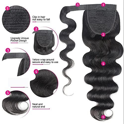 YePei Natural Black Body Wave Real Human Hair Ponytail Extension for Black Women Wrap Around Long Clip in Wavy Pony Tail Hair Piece Extensions Remy Hair (18 inch 120g, body wave ponytail)
