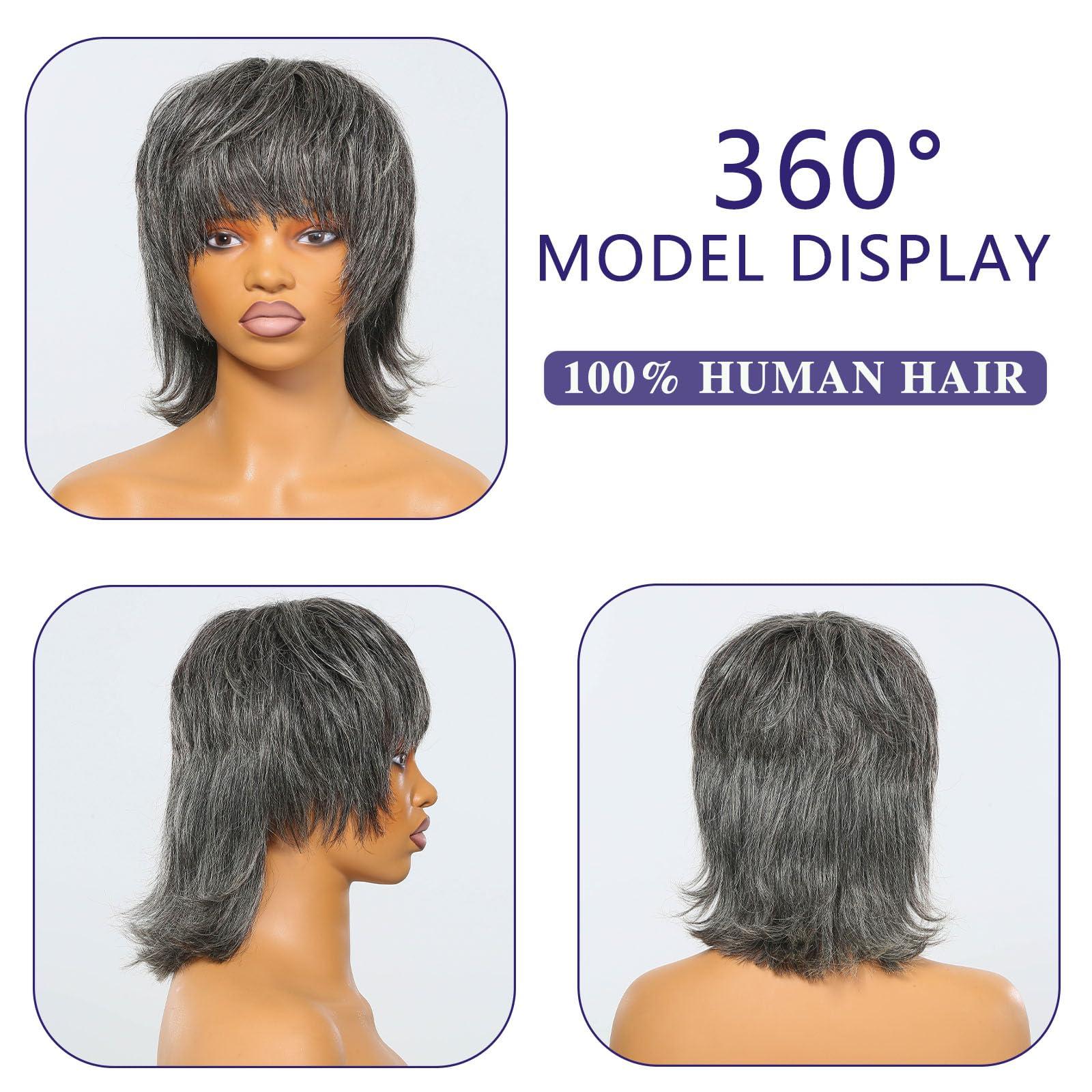 HANASCC HANASCC 12\" Salt and Pepper Wigs for Women 70s 80s 90s Shaggy Layered Mullet Human Hair Wig with Bangs Glueless Grey Human Hair Wig for Women Curly Short Pixie Cut Wig Full Machine Gray Human Hair Wig