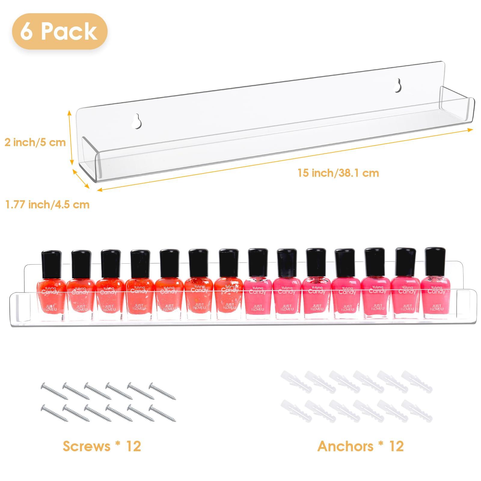 AumVum AumVum 6 Pack Nail Polish Organizer Wall Mounted Shelf with Removable Anti-Slip End Inserts, Paint Rack Acrylic Organizers Display for Wall, Nail Polish Rack Displays 90 Bottles, 15 Inch