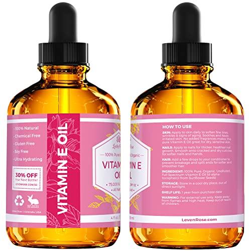 Leven Rose Vitamin E Oil by Leven Rose 75,000 IU per oz 100% Natural, Organic, Pure Vitamin E Oil for Skin, Face, Hair, Nails, and Scars, 4 oz