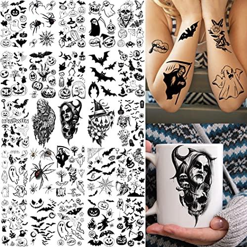 Shegazzi Shegazzi 52 Sheets Halloween Temporary Tattoos For Kids Boys Girls Women Men, 3D Scary Skull Skeleton Fake Tattoos Sticker For Adults, Small Ghost Vampire Bat Pumpkin Spider Temp Transfer Tatoos Devil