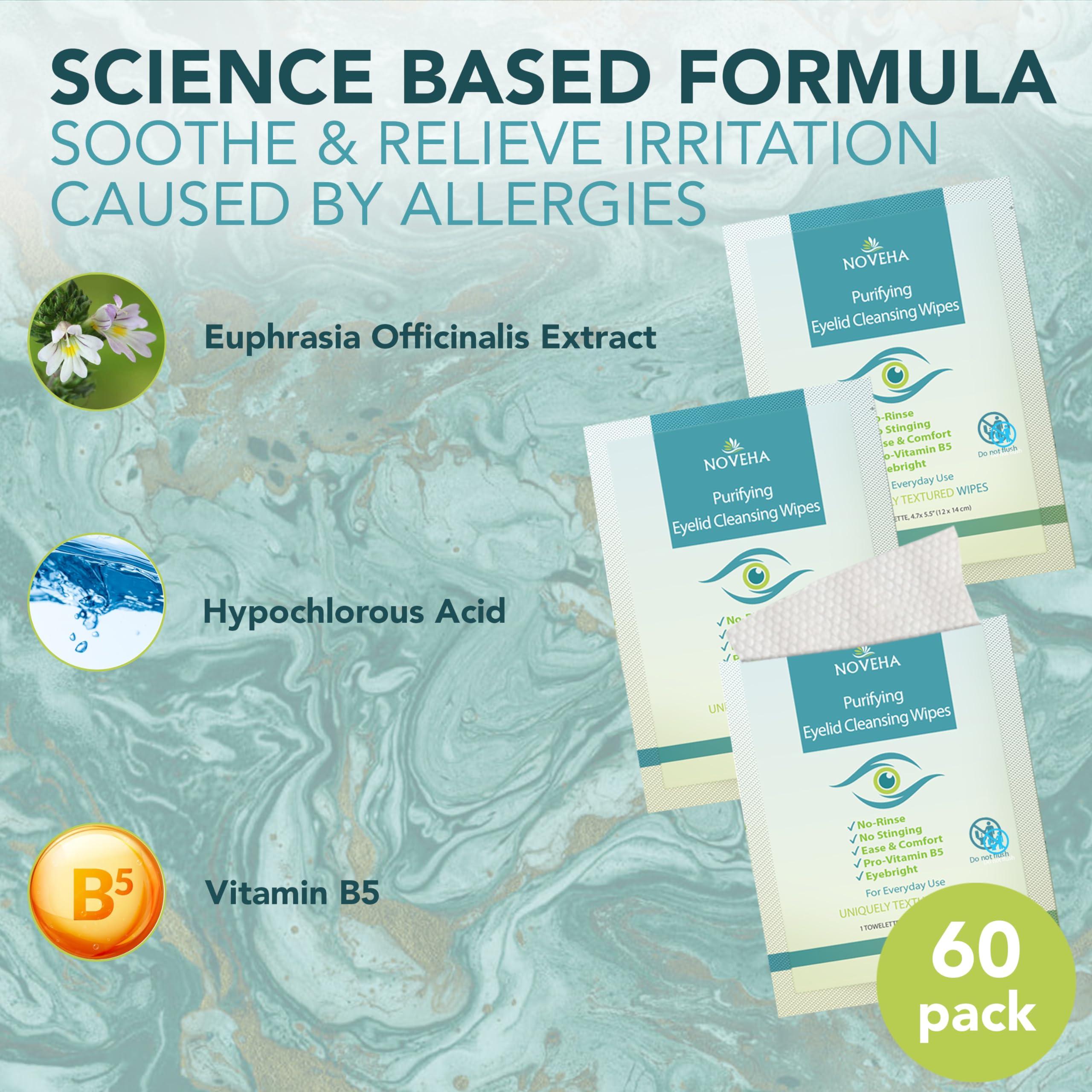 NOVEHA NOVEHA Eyelid & Lash Wipes | For Itchy, Dry Eyes, Styes & Blepharitis, Demodex | lid and lash Cleansing Wipes, Hypoallergenic & Soothing For Sensitive Eyes, Pack of 60