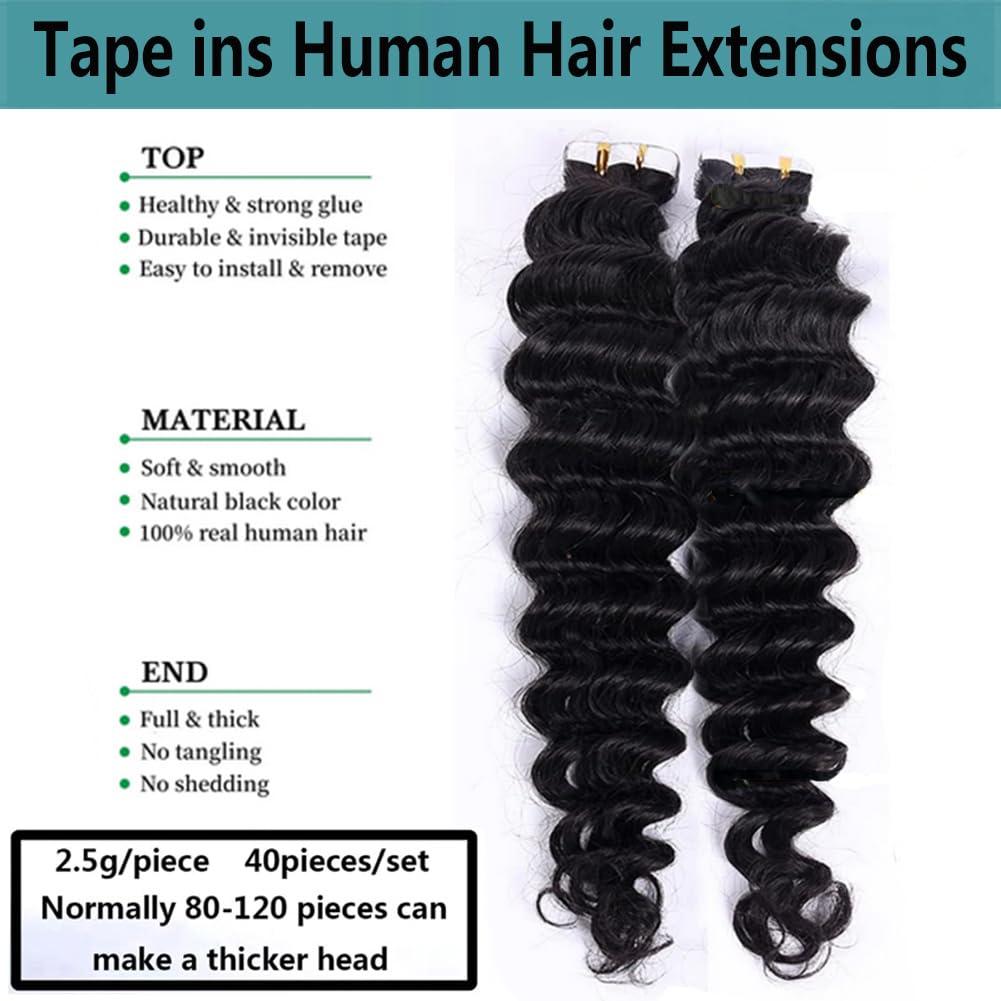 Kiss darling LASHES Tape in Human Hair Extensions 18 Inch Deep Wave Tape in Hair Extensions 40pcs 100g/Pack Seamless Skin Weft Human Hair Extensions Tape in for Women, 1b Black