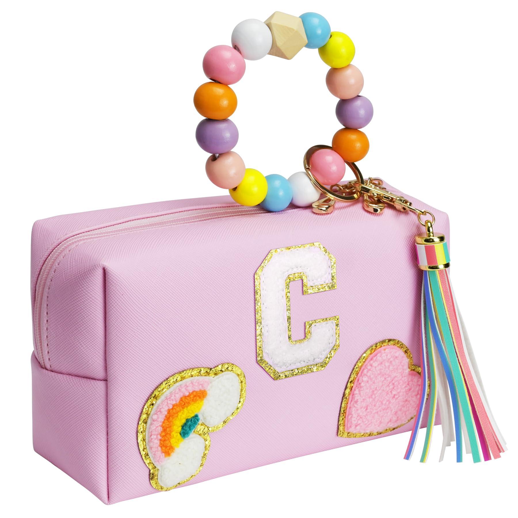 Elilier Elilier Girls Gifts for Kids, Personalized Initial Makeup Bag Pink Cosmetic Bag Travel Toiletry Bag Gifts 4 5 6 7 8 9 10 11 12 Years Old Girl Gifts Teen Girl Gifts Trendy Stuff (Medium)