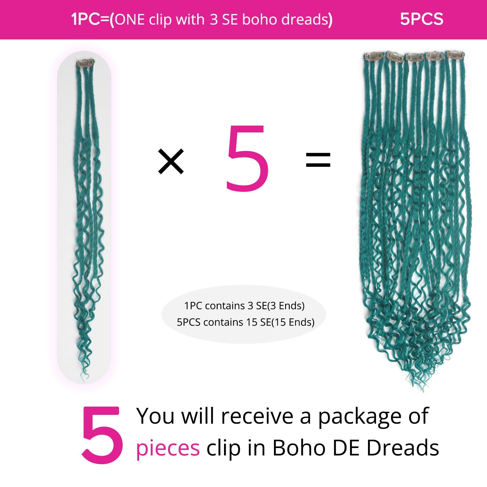 Kyriena Kyriena 24 inch 5PCS Boho Dreadlock Extensions Clip In, 5 Clips with 15 Strands SE Curly Dreads with Box Braid Castleton Green Synthetic Crochet Bohemian Styles Dreads for Woman