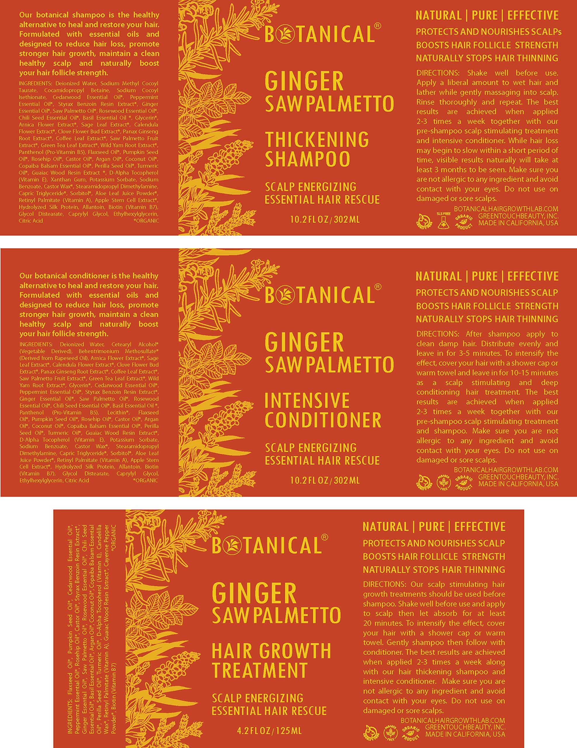 BOTANICAL HAIR GROWTH LAB Botanical Hair Growth Treatment, Thickening Shampoo and Anti-Thinning Conditioner Scalp Energizing Ginger Saw Palmetto Shampoo for Hair Loss, Thickening Products For Women & Men