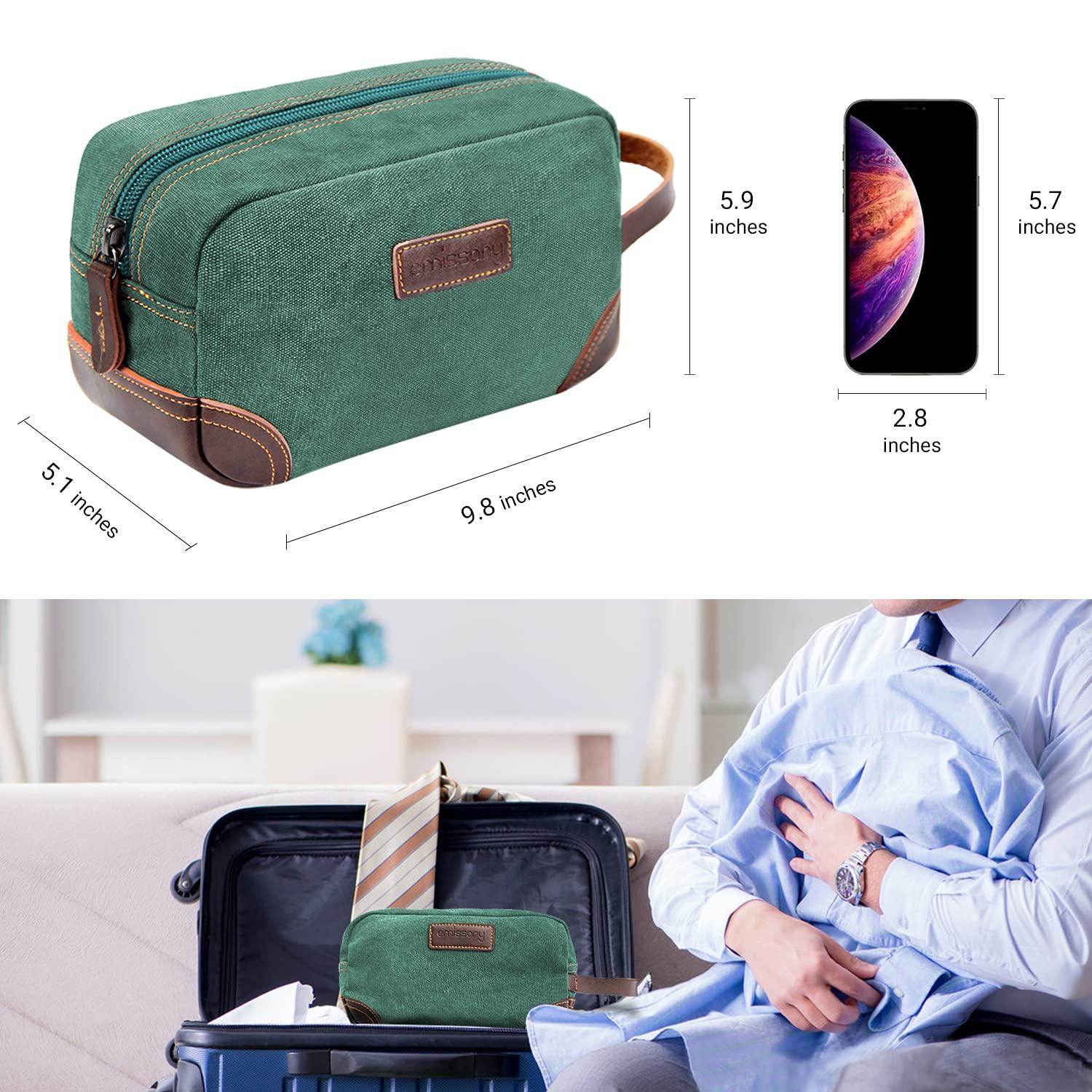 emissary emissary Men's Toiletry Bag, Leather and Canvas Travel Toiletry Bag, Dopp Kit for Men, Travel Bathroom Bag Men's Shaving Kit, Travel Kit Small Bags for Men, Shaving Bag for Travel Accessories (Green)