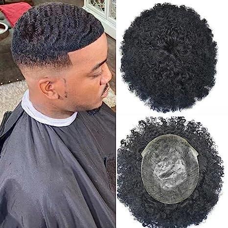 Healthlif Men Weave Hair Unit Black Men Afro Toupee Hair Pieces For Black Men African American Men Afro Wigs Real Human Hair Units Black Men Natural Hairline Invisible Full Poly Afro Wave Hairpieces (8\'\'X10\'\' -6MM Wave, #1B OFF BLACK)