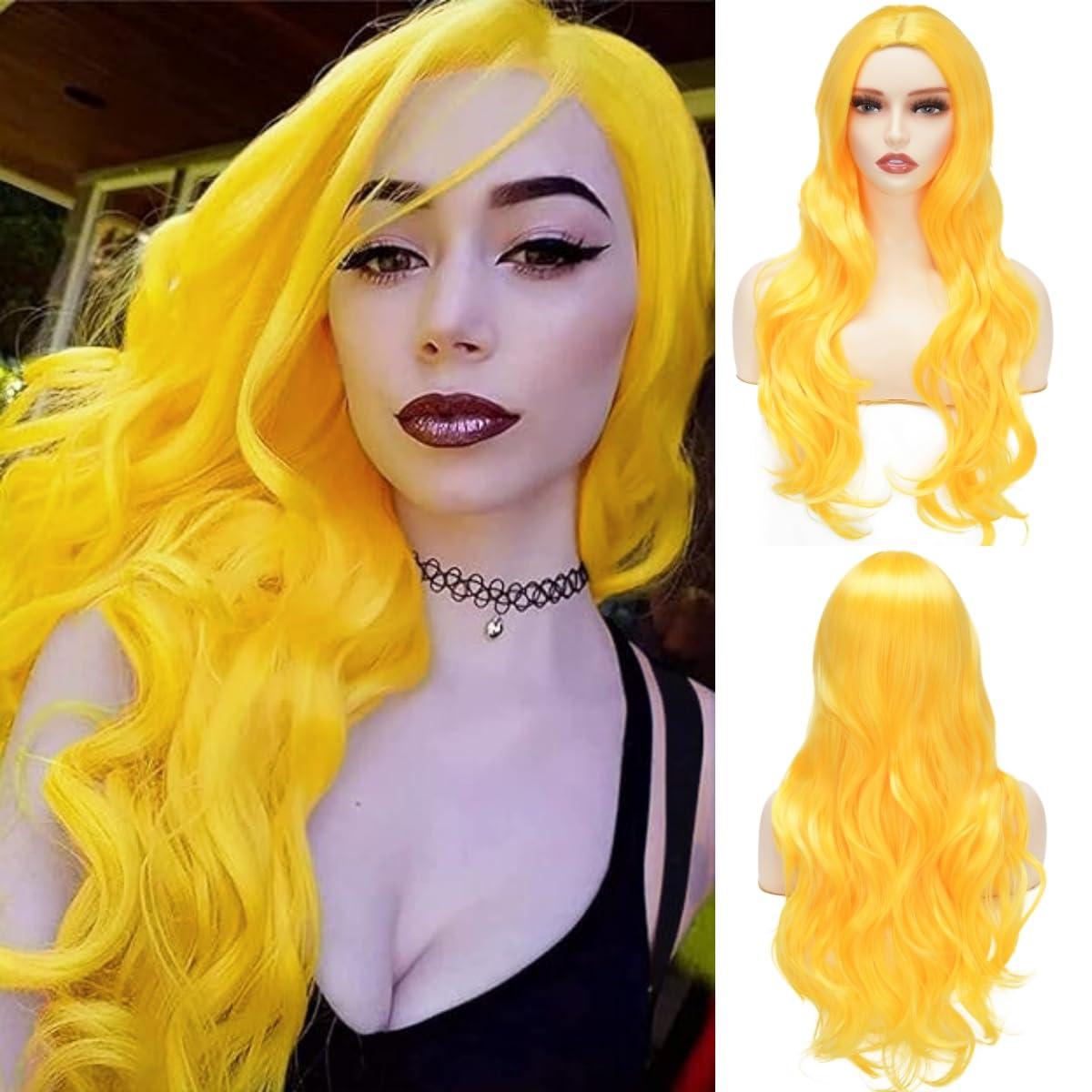 Daiaces Long Yellow Curly Wavy Wigs for Women Side Part Natural Synthetic Heat Resistant for Daily Use Halloween Cosplay Wig