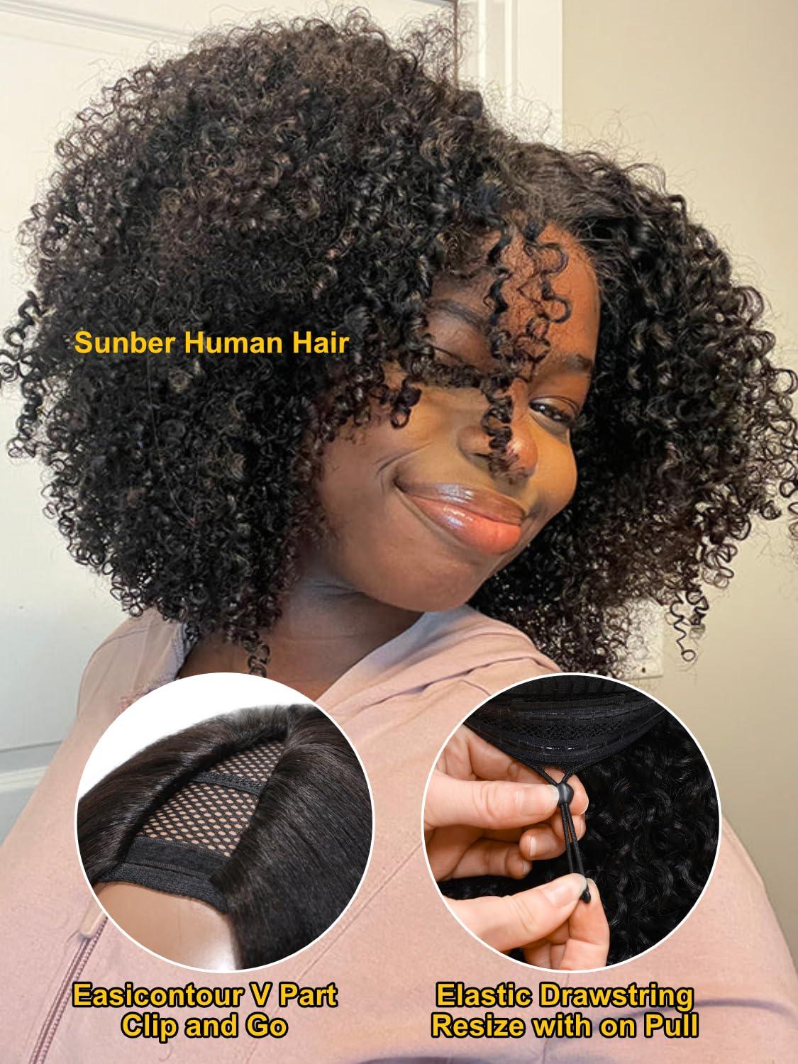 Sunber Sunber EasiContour V Part Wigs Human Hair Kinky Curly Upgrade Glueless U Part Human Hair Wig V Part Kinky Curly No Leave Out No Gel Beginner Friendly Clip in Vpart Wig 150% Density 14Inch
