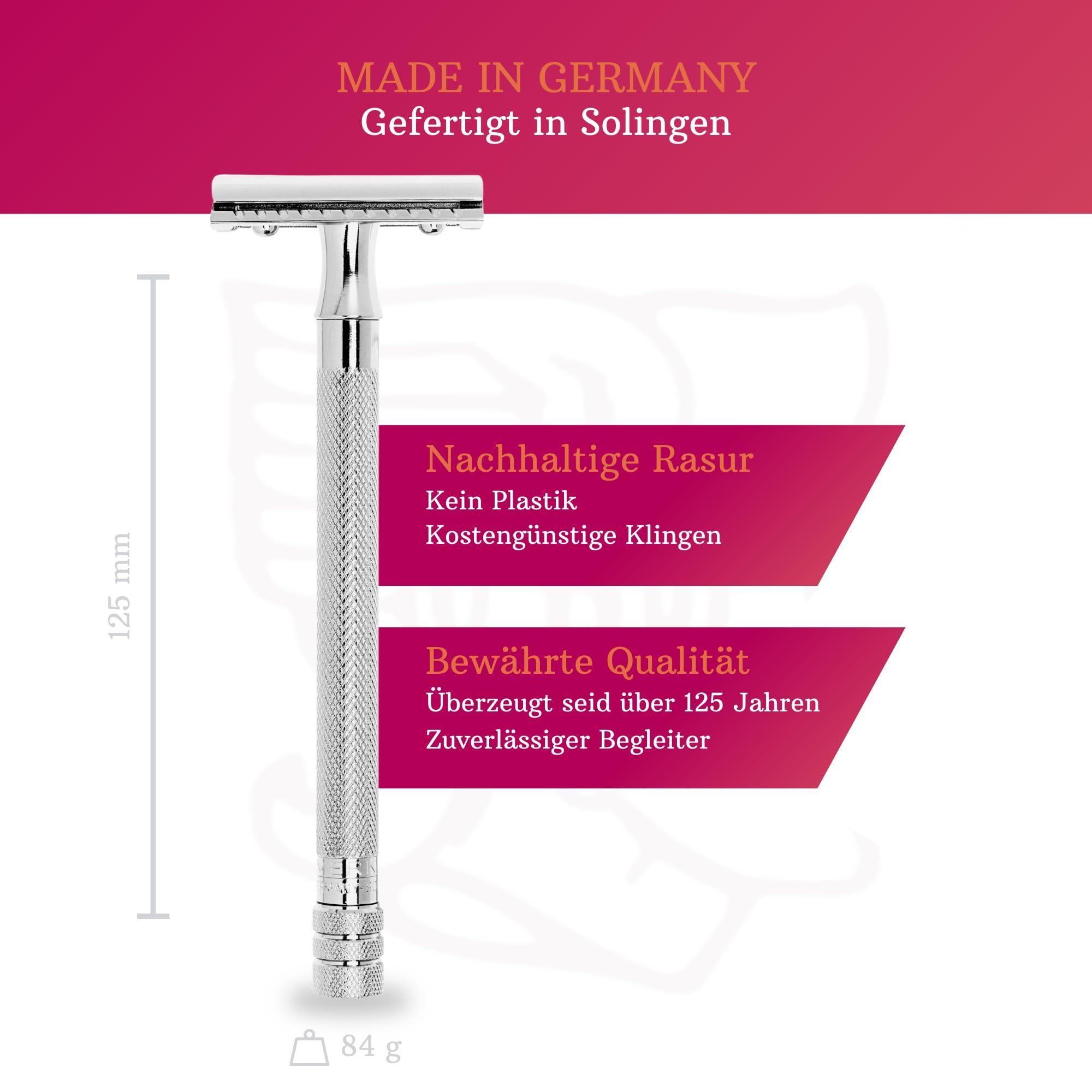 MERKUR MERKUR 24C Safety Razor For Women with 10 Double Edge Blades | Extra Long Handle | Three-piece Razor | Straight Cut | Bright Chrome Finish | Made in Germany