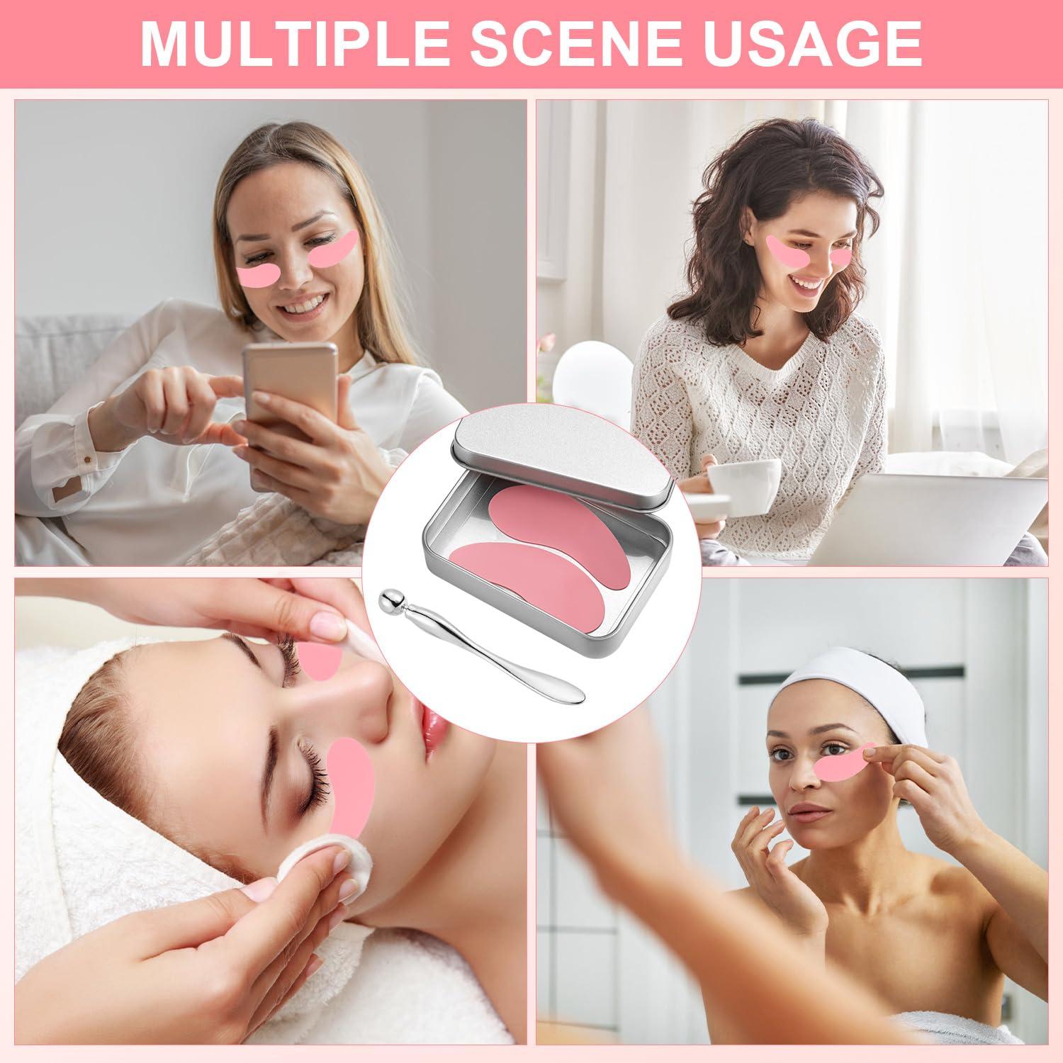 NQEUEPN 1 Pair Reusable Eye Patch, Silicone Reusable Eye Gel Pads Eye Wrinkle Patches Under Eye Mask, Plump Fine Lines & Wrinkles with Metal Eye Cream Applicator & Tin Case (Pink)