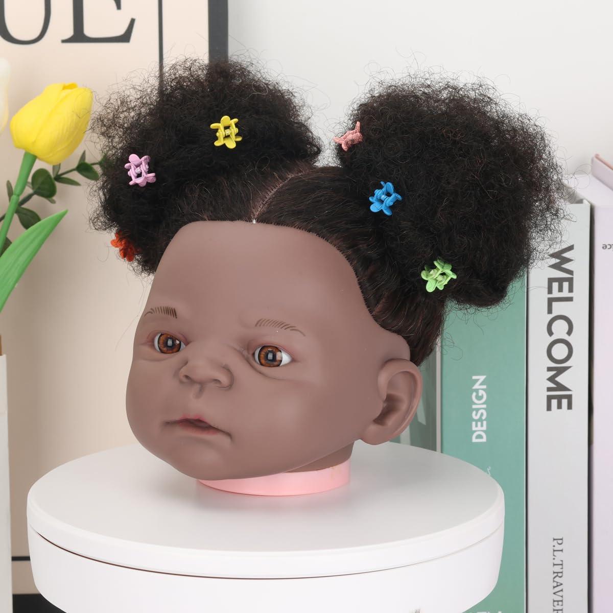 poipoilu Mannequin Head African with Hair 90% Human Hair Cosmetology Mannequin Head Doll Head for Babay and New Mom, Manikin doll to do hair for little girls and Practice Training Braiding (Afro-Black)