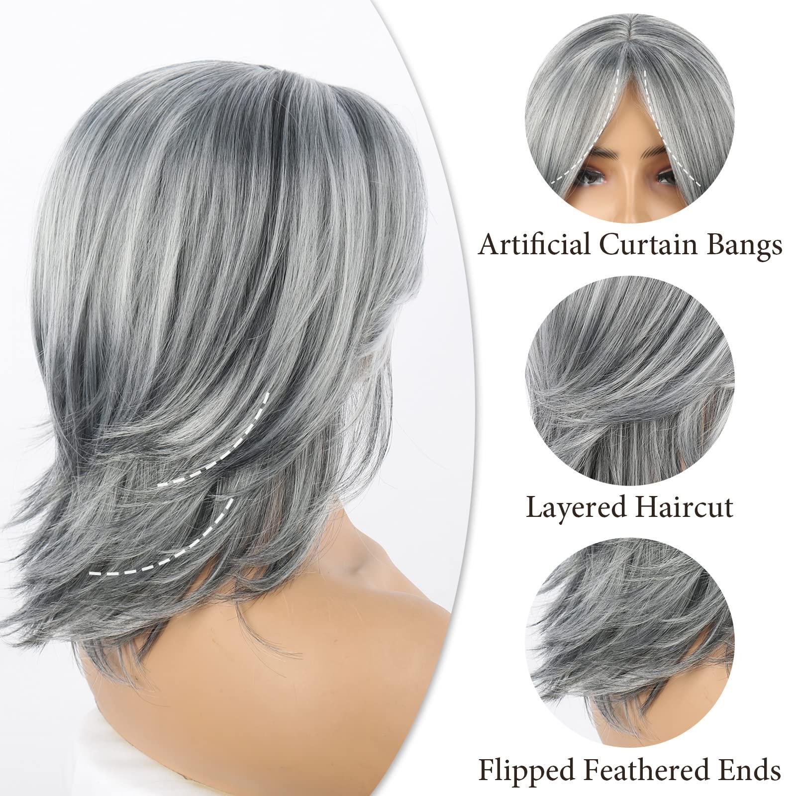 Liyouda Liyouda Short Gray Wigs for White Women Should Length Grey Layered Wigs, 14inch Grey Wig Wavy Curtain Bangs Wig Silver Gray Wigs for Black Women Synthetic Light Gray Wigs for Older Women