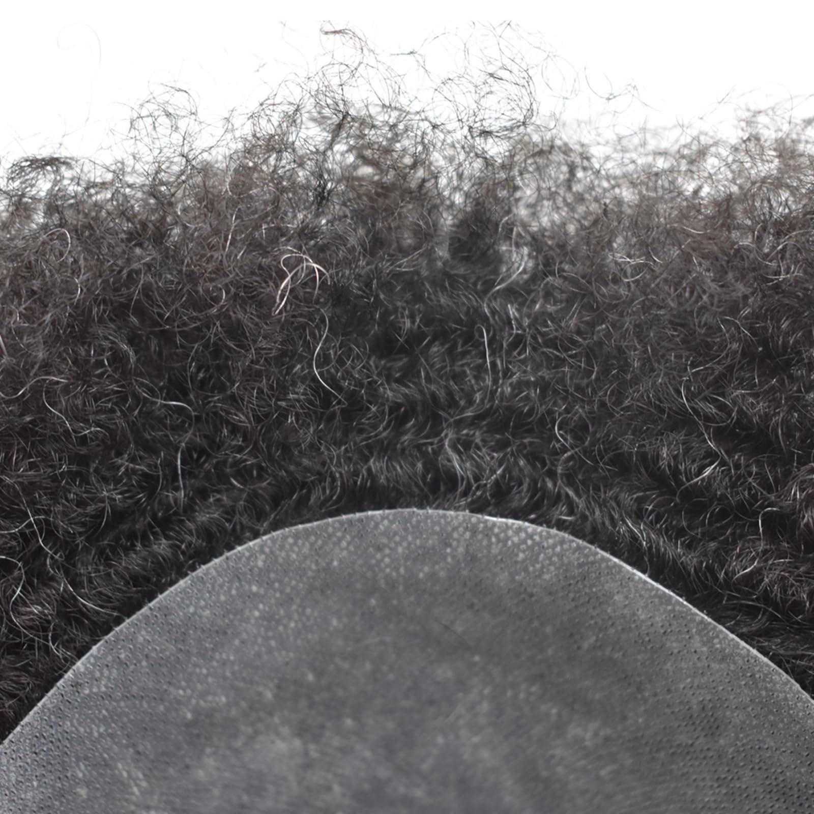 Generic Afro Toupee for Black Men Weave Units Full Poly PU African Americna Men Wigs Hand Tied Human Hair Replacement System Afro Kinky Curls Mens Toupee (6MM Wavy, 140# Jet Black With 40% Synthetic Gray)