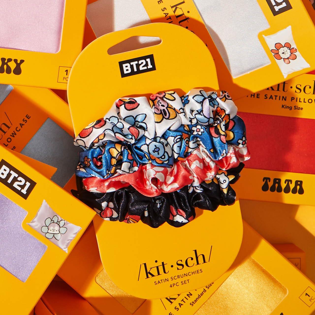 Kitsch Kitsch x BT21 Satin Scrunchies for Women - No Crease Hair Ties for Girls | Scrunchies For All Hair Types and Textures, Perfect for Day or Night - 4 Pcs
