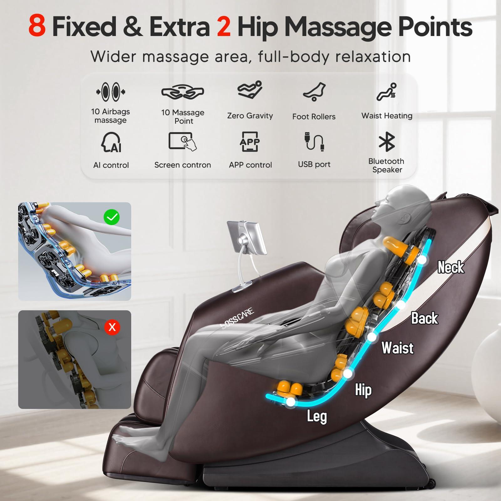 BOSSCARE BOSSCARE 2025 Full Body Zero Gravity Massage Chair, APP Control Shiatsu Massaging Recliner with Foot Roller, Back Heated, Bluetooth Speaker, Touch Screen for Family & Friends