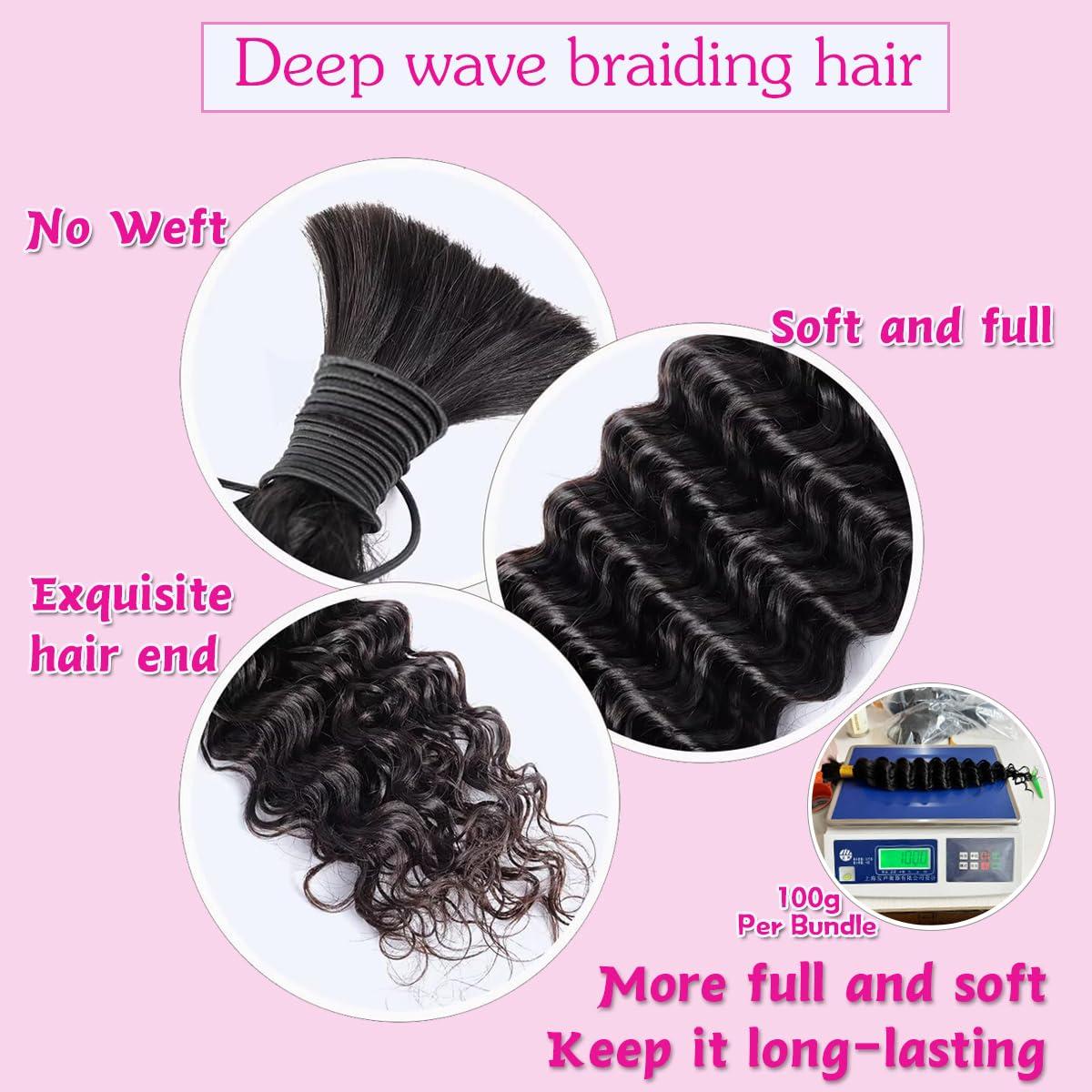 CSCHS Human Braiding Hair for Boho Braids 100g Deep Wave Bulk Human Hair for Braiding 10A Brazilian Curly Human Hair Braiding for Boho Knotless Braids (16 Inch - 100g/Bundle)