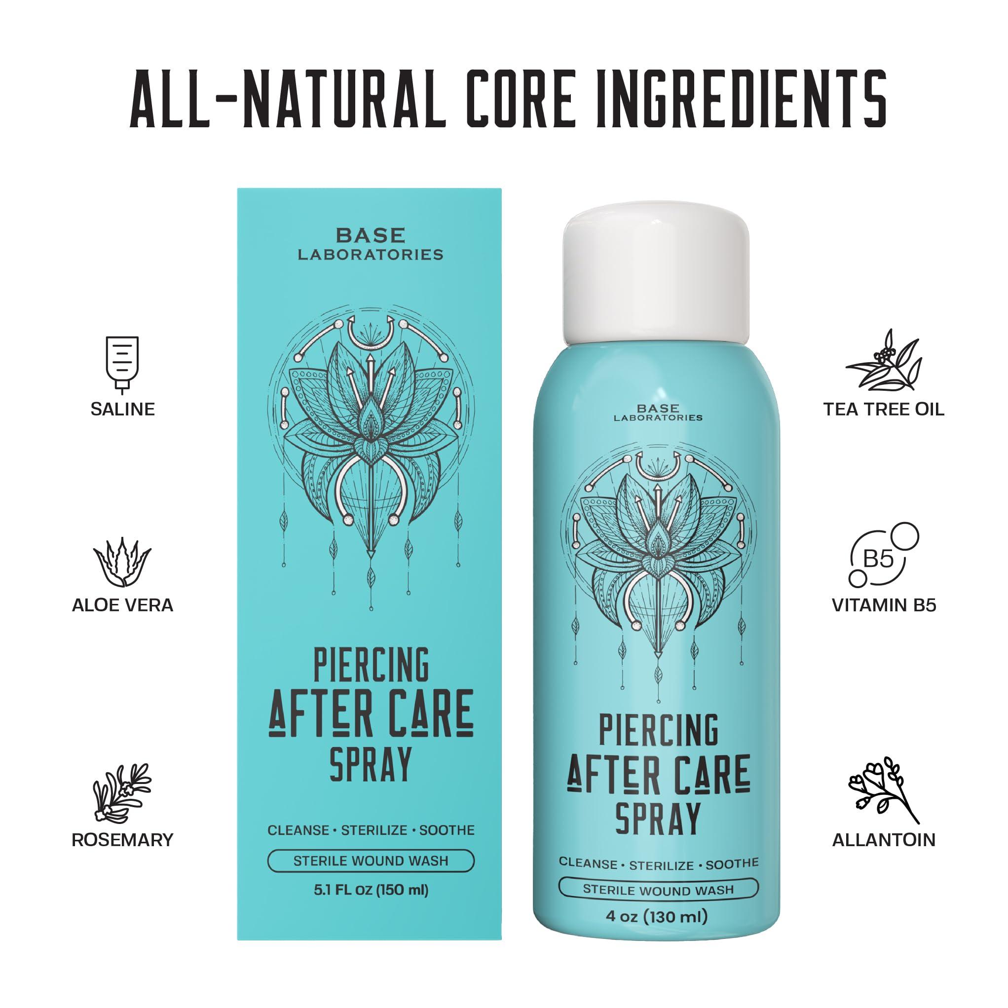 BASE LABORATORIES BASE LABORATORIES Piercing Aftercare Spray 4oz | Saline Spray for Piercings | Ear Piercing Cleaner | Saline Solution for Piercings | Keloid Bump Removal for Ears, Belly Nose Piercings - 2PK