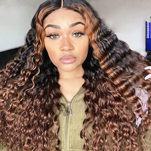 Ruma Hair Glueless Silk Top Lace Front Wig 16inch Curly Highlight Ombre 1bT30 Brown 150 Density Full Deep Wave 5x5 Silk Base Lace Closure Brazilian Virgin Human Hair Wigs