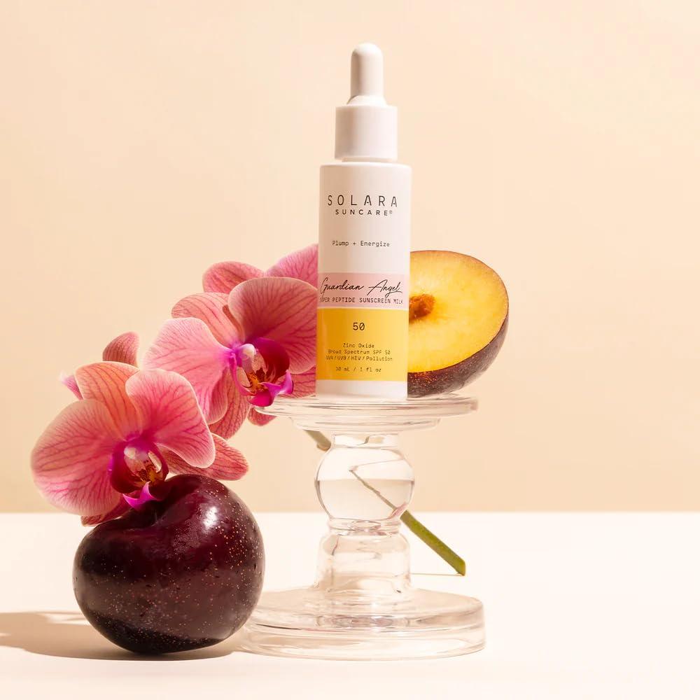 SOLARA SUNCARE Solara Suncare - Guardian Angel Super Peptide Sunscreen Milk, SPF 50 | EWG Verified, Vegan, Cruelty Free, Reef friendly | Plump+Energize | Zinc Oxide Helps Fight UVA, UVB, Pollution (1 fl oz | 30 ml)