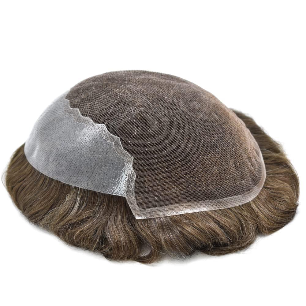 Generic Lace Front Toupee For Men Swiss Lace Front With Poly Skin Hair Pieces For Men Human Hair Wigs All Hand Tied Bleached Knots Natural Looking Lace Front Mens Toupee Mixed Gray Hair Units For Men US Stock. (7X9\"-100% Light to medium Density, 510# Medium