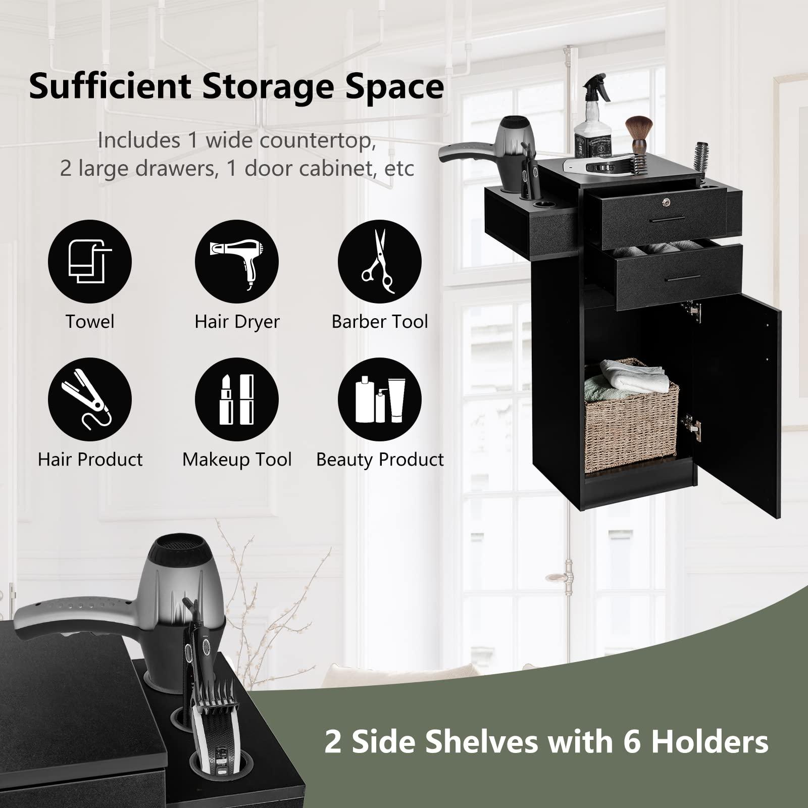 LOKO LOKO Beauty Salon Storage Cabinet for Hair Stylist, Barber Salon Station with 6 Dryer Holders, 1 Lockable Drawer, 1 Cabinet & Anti-toppling Device, Spa Equipment Barber Station for Spa & Salon