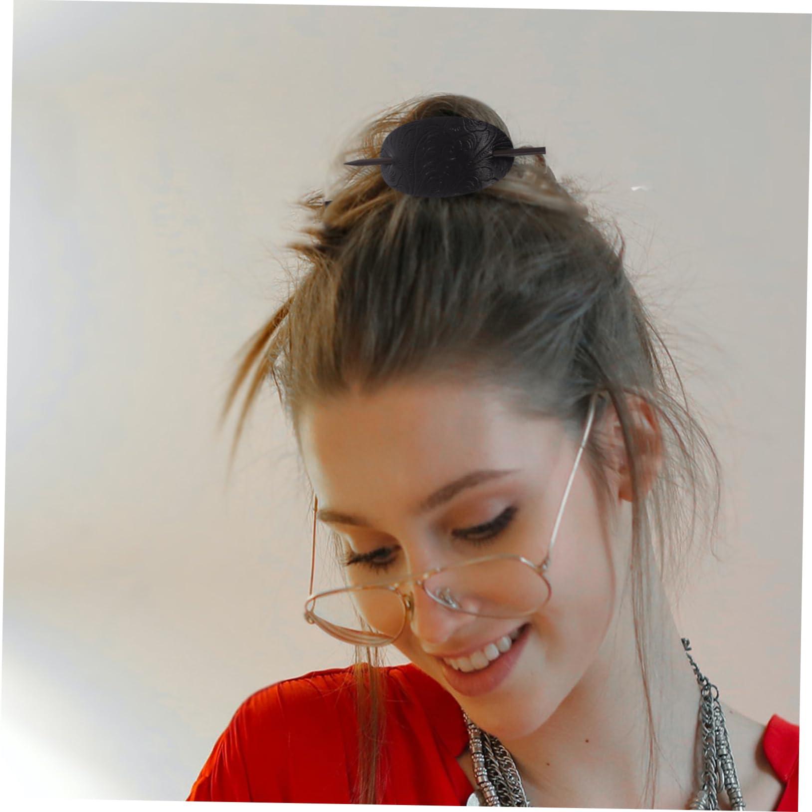 Didiseaon Didiseaon 3pcs Leather Hair Barrette Stick Black Hair Women Hair Accessories Stick Barrettes Oval Hair Clip