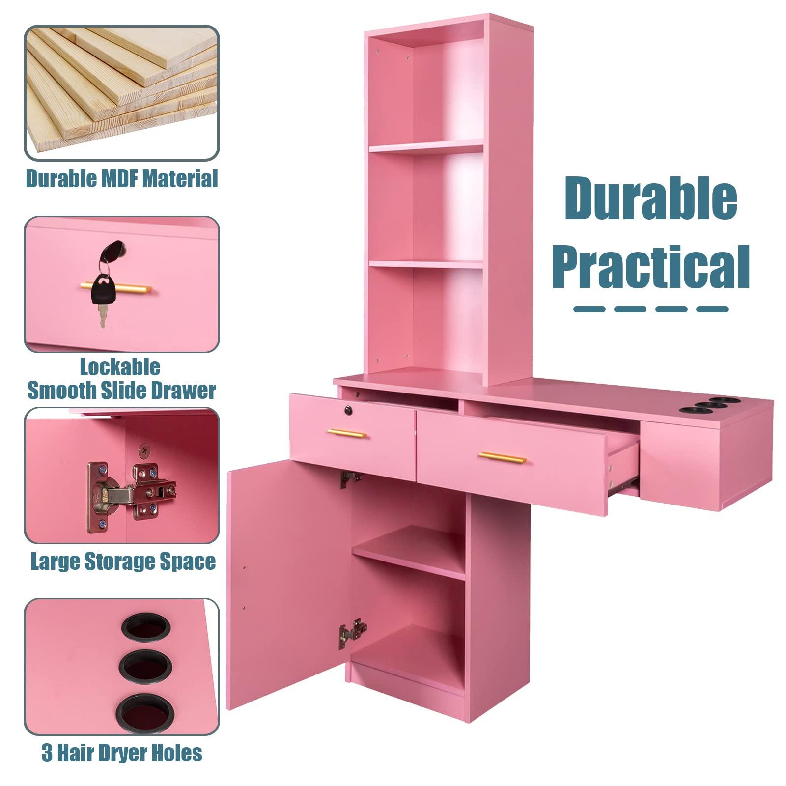 MTFY MTFY Wall Mount Barber Station Cabinet, Modern Hair Styling Salon Cabinet Storage Organizer Hair Salon Spa Equipment Barber Stations with Locking Drawer, 3 Shelves and 3 Hairdryer