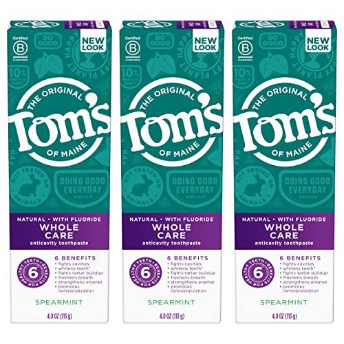 Tom's of Maine Tom\'s of Maine Whole Care Natural Toothpaste with Fluoride, Spearmint, 4 Ounce (Pack of 3), (Packaging May Vary)