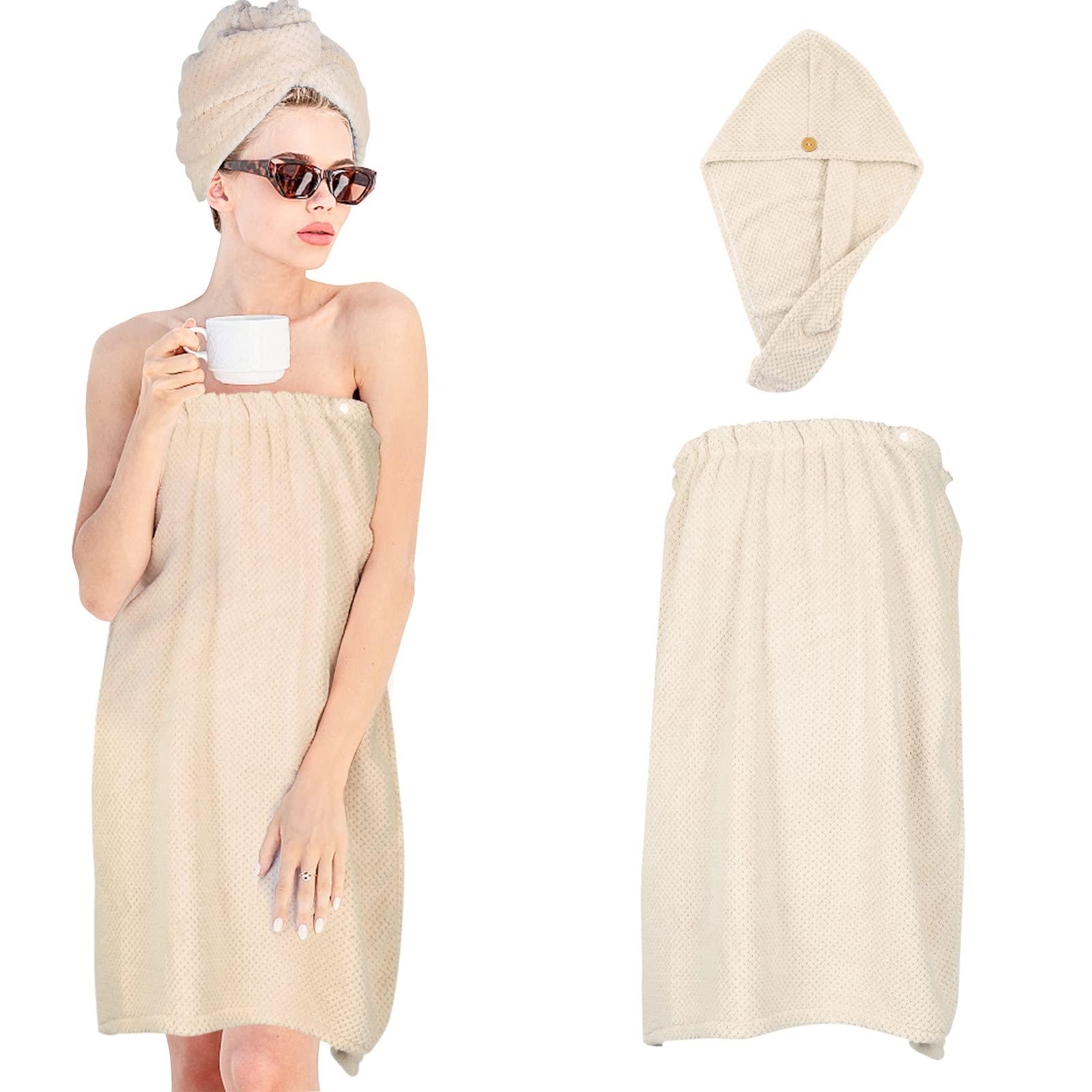 TOCOHO TOCOHO Women Microfiber Bath Wrap Towel and Hair Drying Towel - Adjustable Soft Body Wraps Dress with Hair Towel, Super Absorbent to Quick Drying Hair and Body (Khaki)