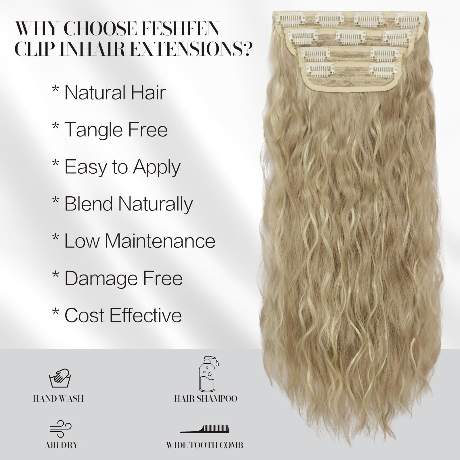 FESHFEN FESHFEN Clip in Hair Extensions 4 PCS Long Wavy Curly Thick Full Head Clip in Hairpieces Synthetic Natural Clip Hair Extension for Women, Dark Ash Blonde Mixed Bleach Blonde 20 inch