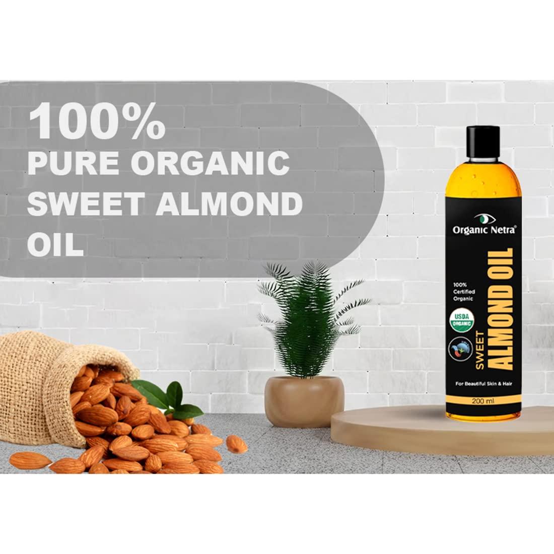 Organic Netra Organic Netra Sweet Almond Oil for Hair and Skin | Pure and Safe | Nourishes Dry and Dull Hair | Enrich with Vitamins and Minerals | Paraben Free | For All Skin Types - 6.76 Oz