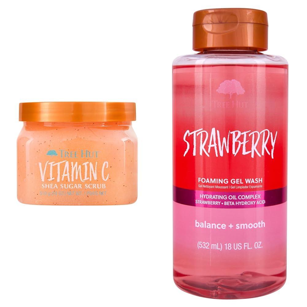 Tree Hut Tree Hut Vitamin C Shea Sugar Scrub, 18 oz & Strawberry Foaming Gel Wash, 18 oz - Hydrating Body Scrub & Cleanser