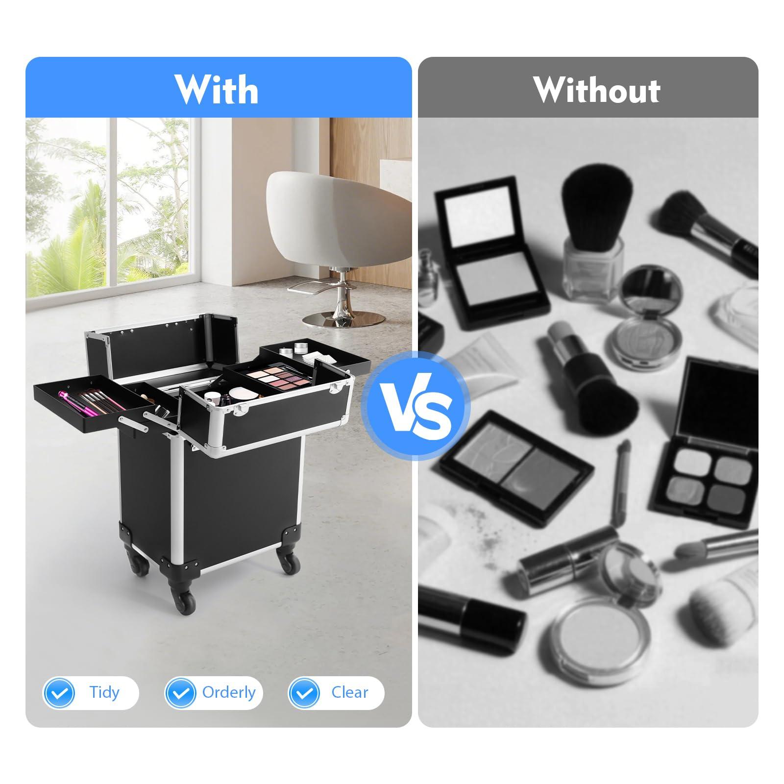 UIdili Multifunctional Rolling Makeup Train Case, Large Capacity Travel Trolley Case with Lock, Mobile Tool Organizer Storage Case with Universal Wheels, Load Capacity 110 lbs, for Hairdressing Nail Beauty