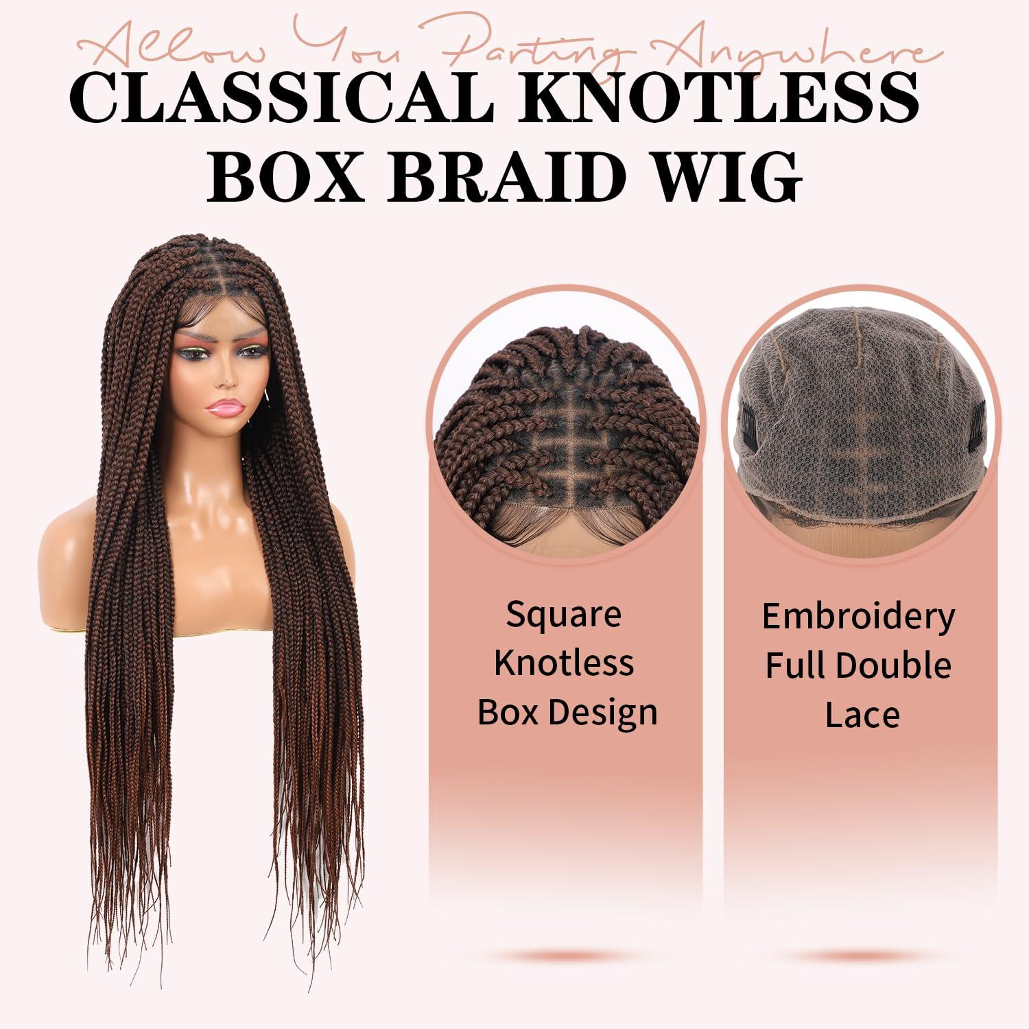 Lexqui Lexqui 36 inch Braided Wigs for Women Square Knotless Braided Lace Front Wigs Full Double Lace Box Braid Wig with Baby Hair Human Hair Blended Braid Wigs Brown