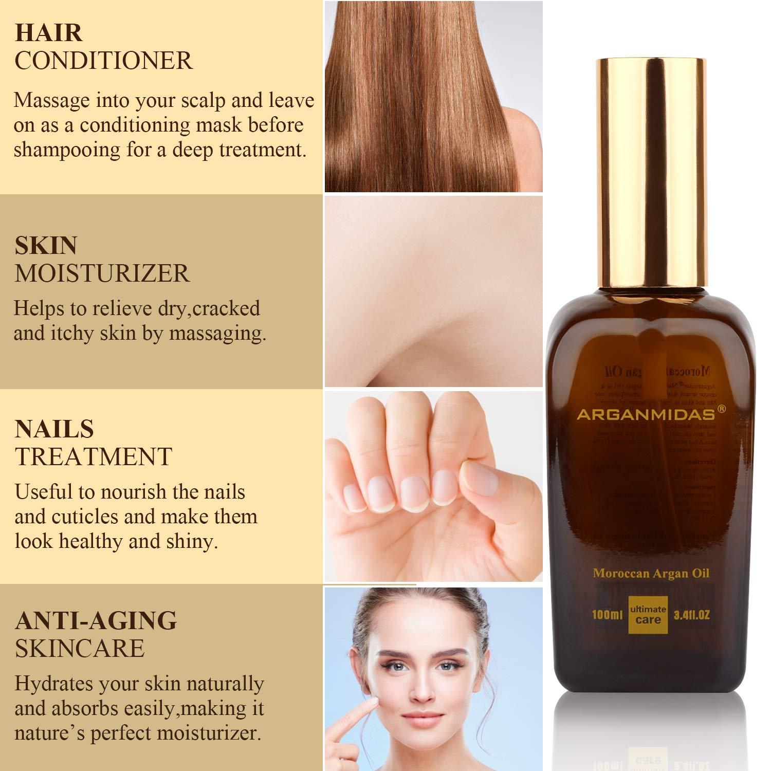 ARGANMIDAS ARGANMIDAS Hair Oils, Moroccan Argan Oil for Hair and Face Skin Moisturizer, Leave Hair Soft & Shiny, Hair Treatment oil for Men Women Dry Damaged Frizzy Hair, 3.4 Fl Oz
