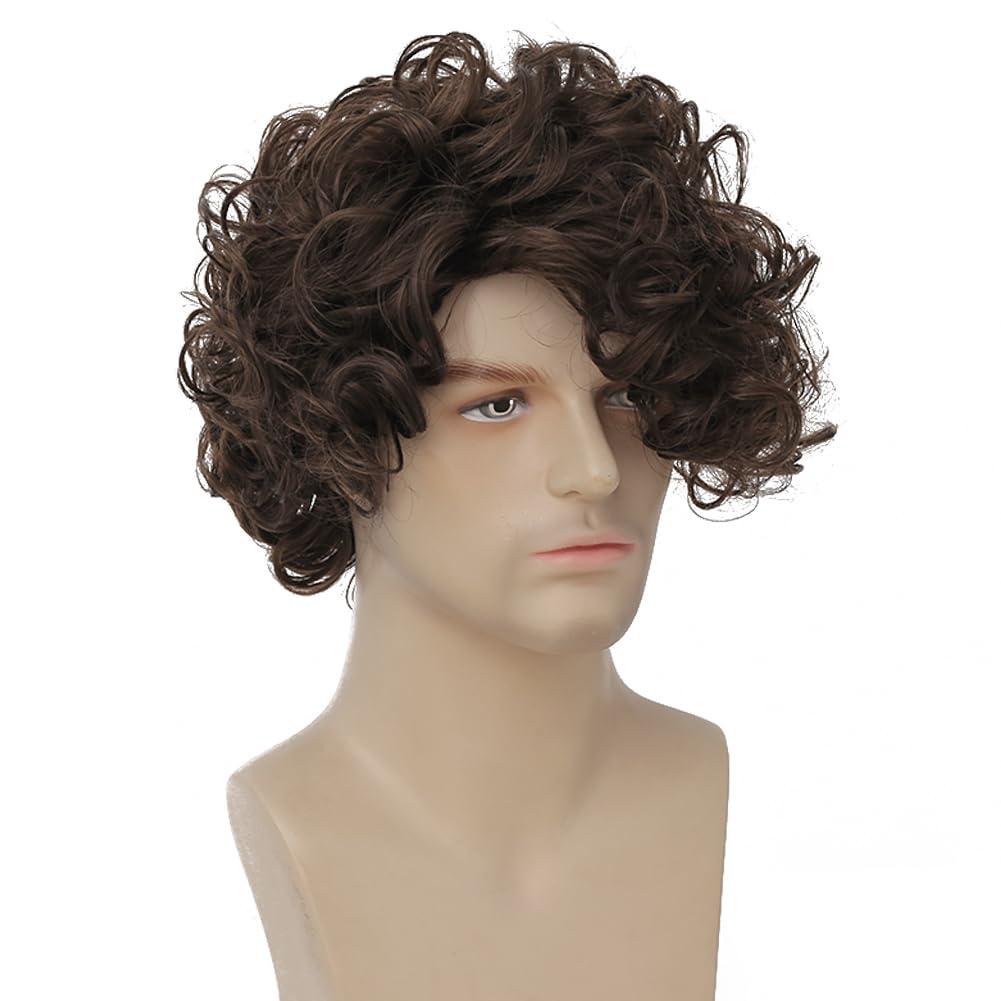 Tseses Tseses Curly Brown Short Wigs for Men Layered Fluffy Synthetic Fiber Wigs for Daily Party Mens Costume Wig