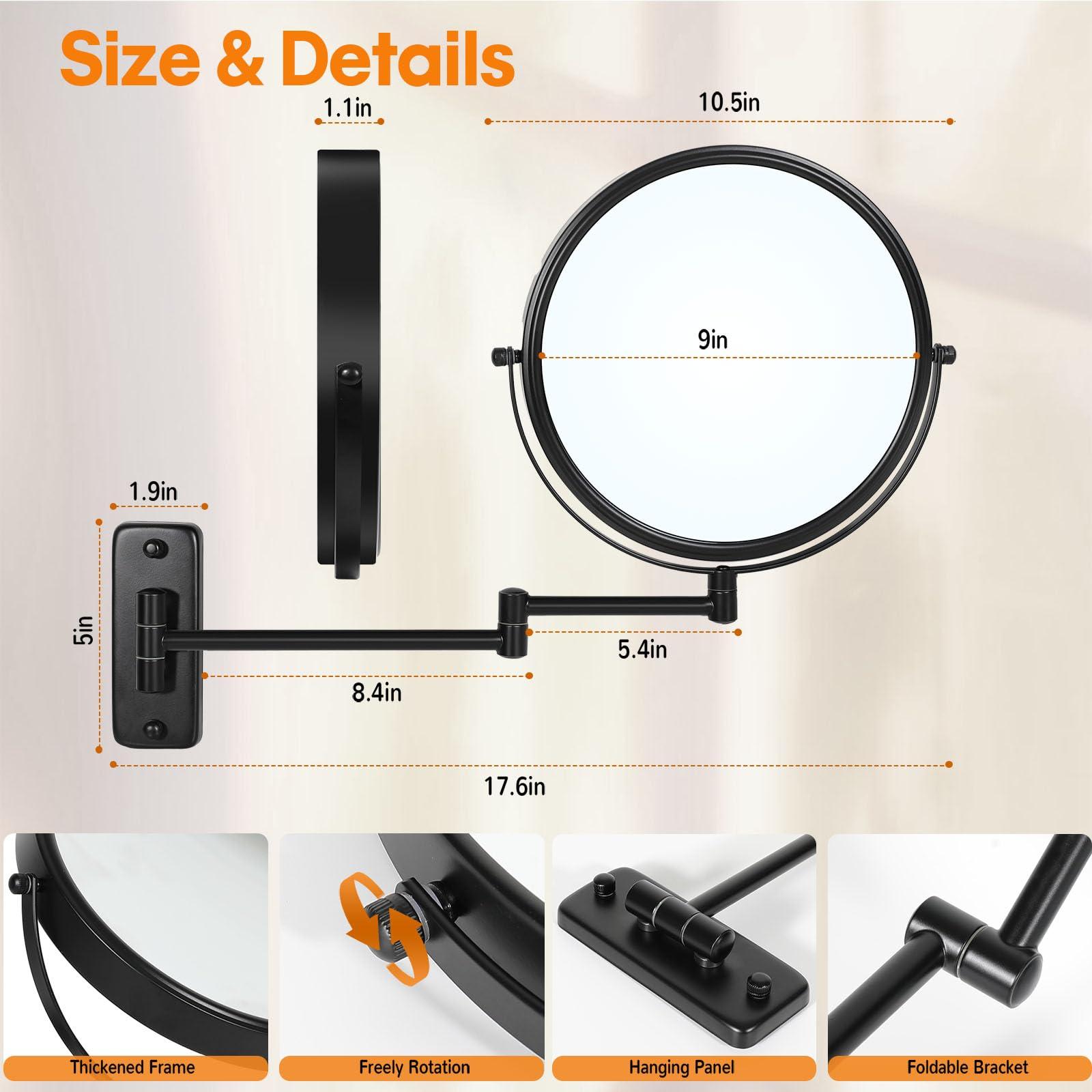 HOMEMIRO Large Size 9-in Wall Mounted Magnifying Makeup Mirror 1X/10X Magnification,Extendable Bathroom Mirrors Wall Mount Vanity Mirror for Shaving,12-in Folding Arm,Flexible Adjustable,Space-Saving,No Light