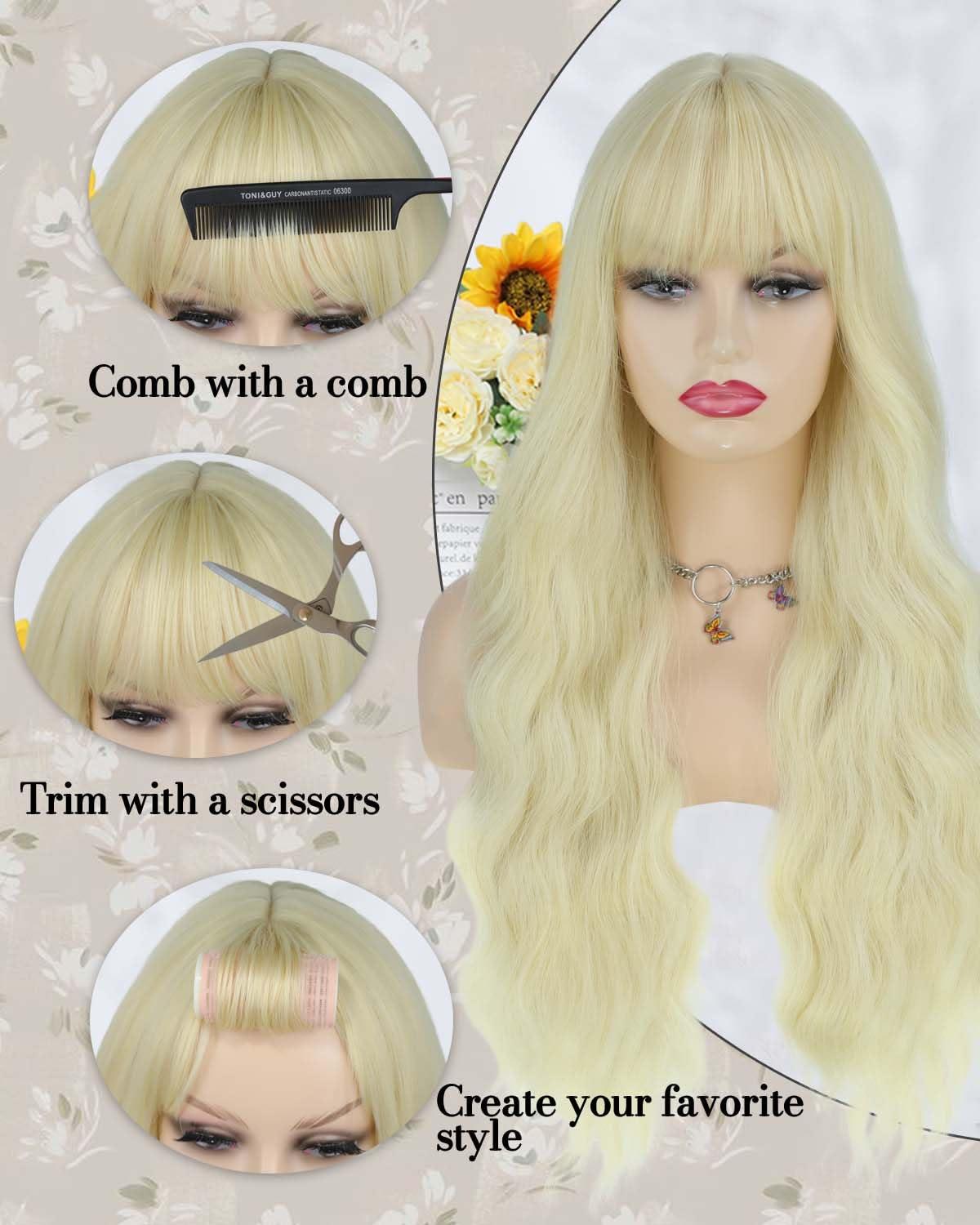 MeaYOO MeaYOO Long Blonde Wavy Wig with Bangs for Women, 26 Inch Long Blonde Curly Wavy Synthetic Wigs, Natural Looking Heat Resistant Wigs for Daily Party Use, Long Blonde Wavy Cosplay Wig, Halloween Wig