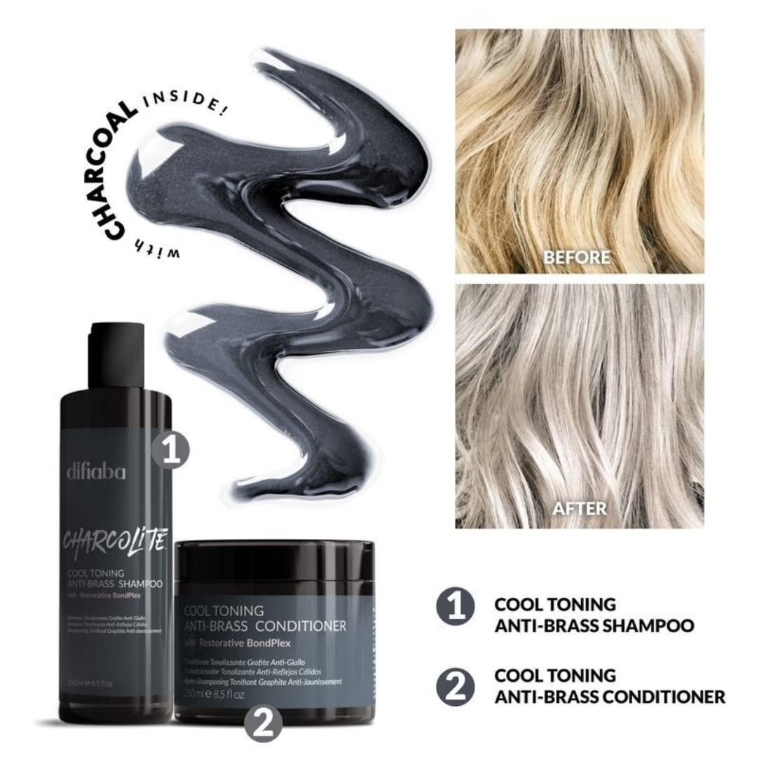 edgy edgy DIFIABA Charcolite Cool Toning Anti-Brass Shampoo & Conditioner DUO SET w/ Restorative BondPlex (w/ Sleekshop Teasing Comb) Charcoal Kit Bond Plex (8.5 oz + 8.5 oz)