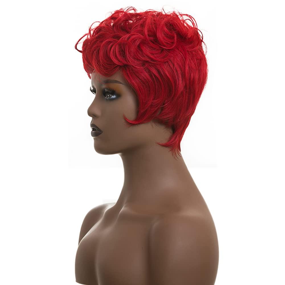 BingSing Red Pixie Wig for Women Natural Wavy Hair Pixie Cut Wigs with Bangs Red Pixie Wig Burgundy Short Red Pixie Wig Short Curly Red Wig for Black Women Synthetic Hair Pixie Cut Wig for Black Women (Red)