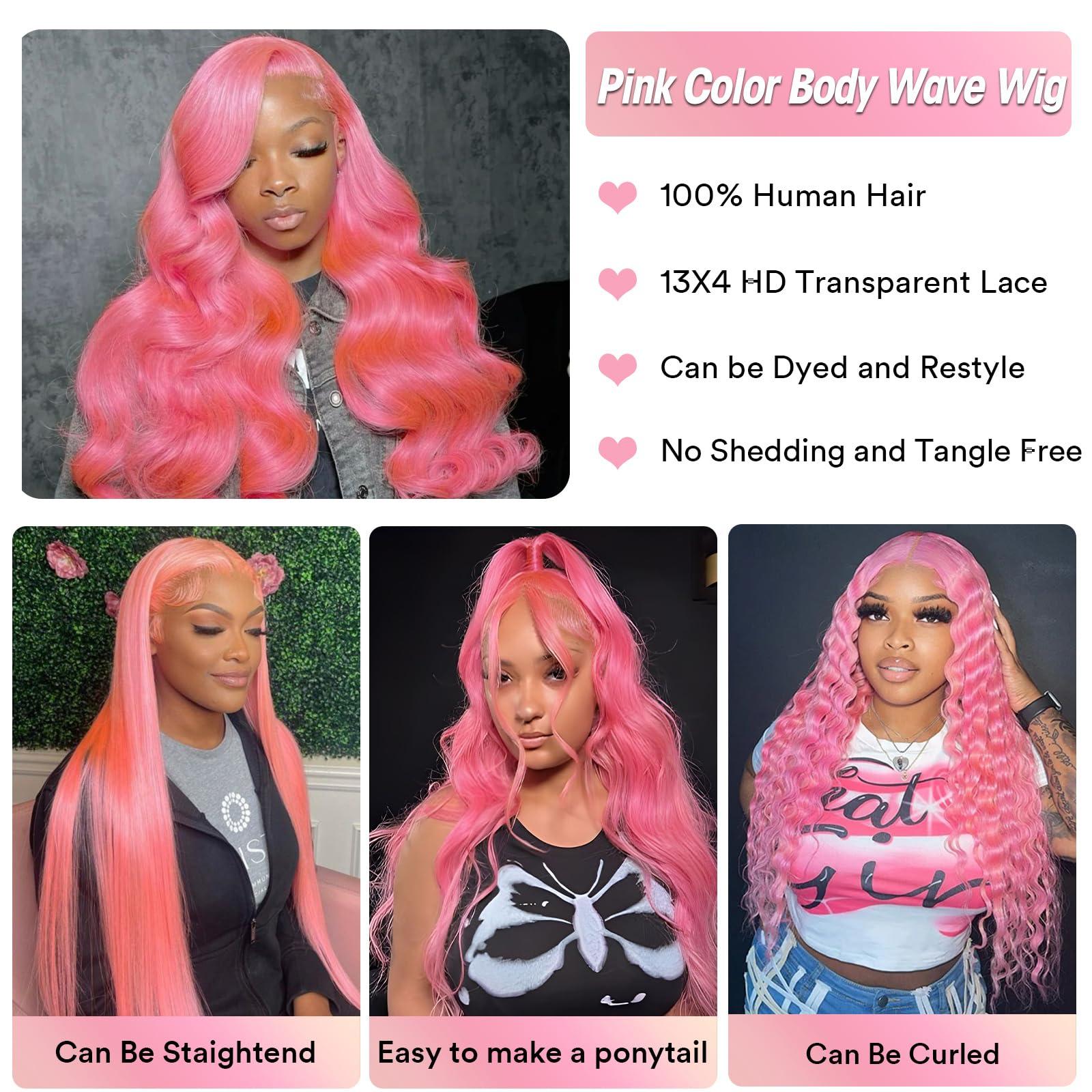 Boyusijf Pink Lace Front Wig Human Hair 13x4 HD Transparent Lace Front Body Wave Pink Wigs Human Hair for Women Pink Human Hair Lace Front Wig 180% Density Pre Plucked with Baby Hair Colored Wig 22 Inches