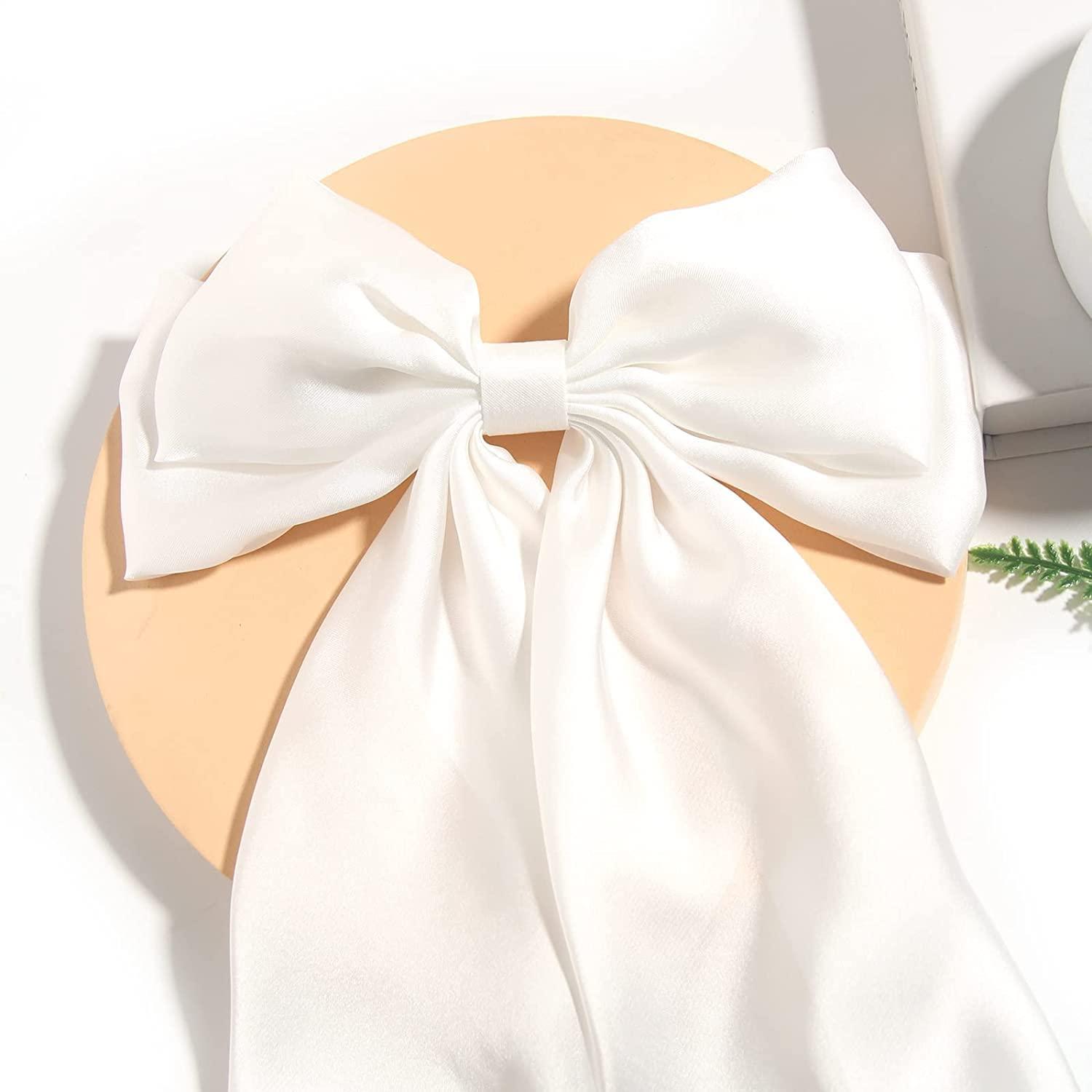 M.T. BROTHERS M T BROTHERS - Big Satin Layered Hair Bows for Women Girls 11 Inch Barrette Hair Clip Long Black Ribbon Bows French Style Hair Accessories (WHITE)