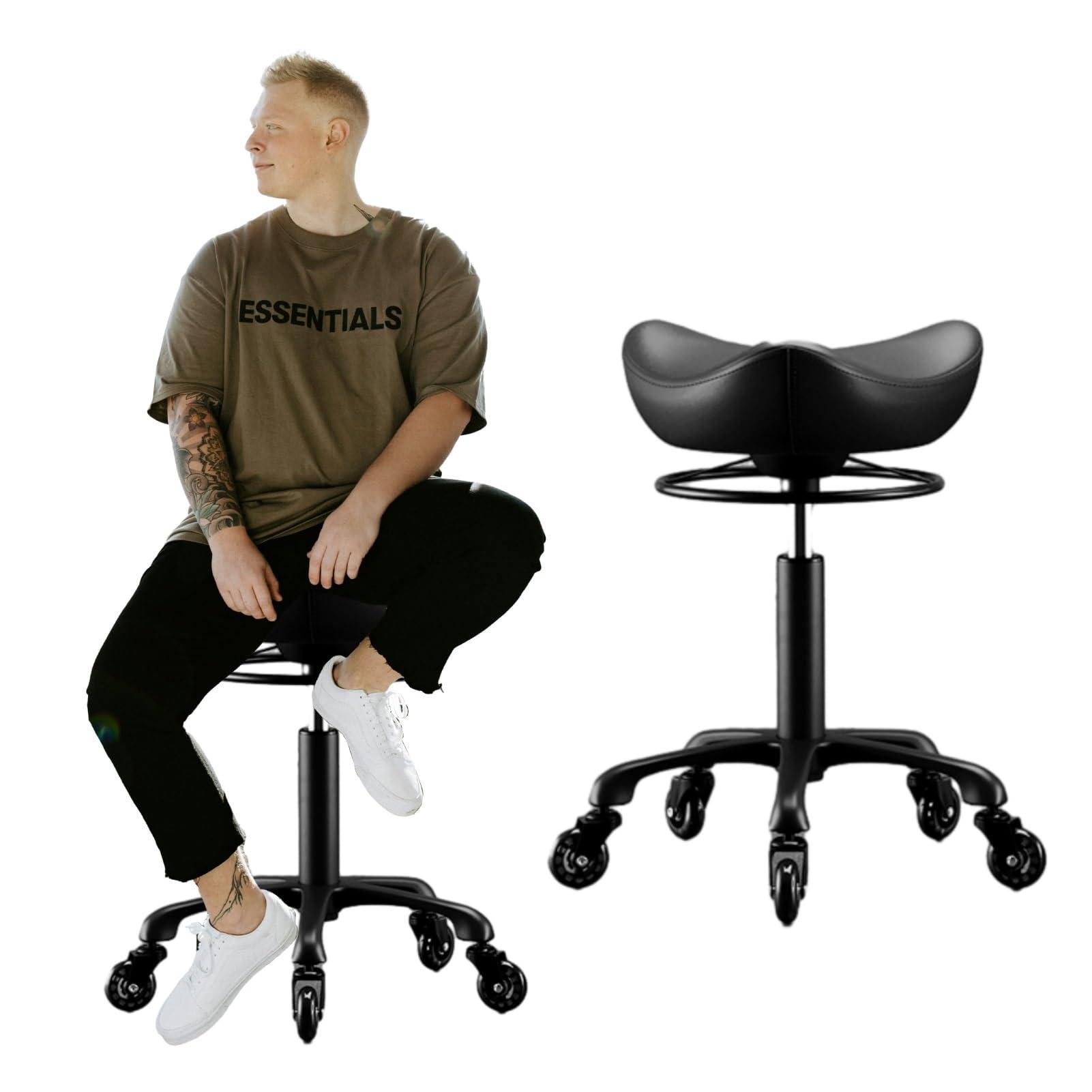 Kunovo Kunovo Hair Stylist Saddle Stool, Liftable Swivel Black Salon Cutting Stool with Wheels, Heavy Duty Rolling Saddle Chair for Hairdressers/Clinic, 58741